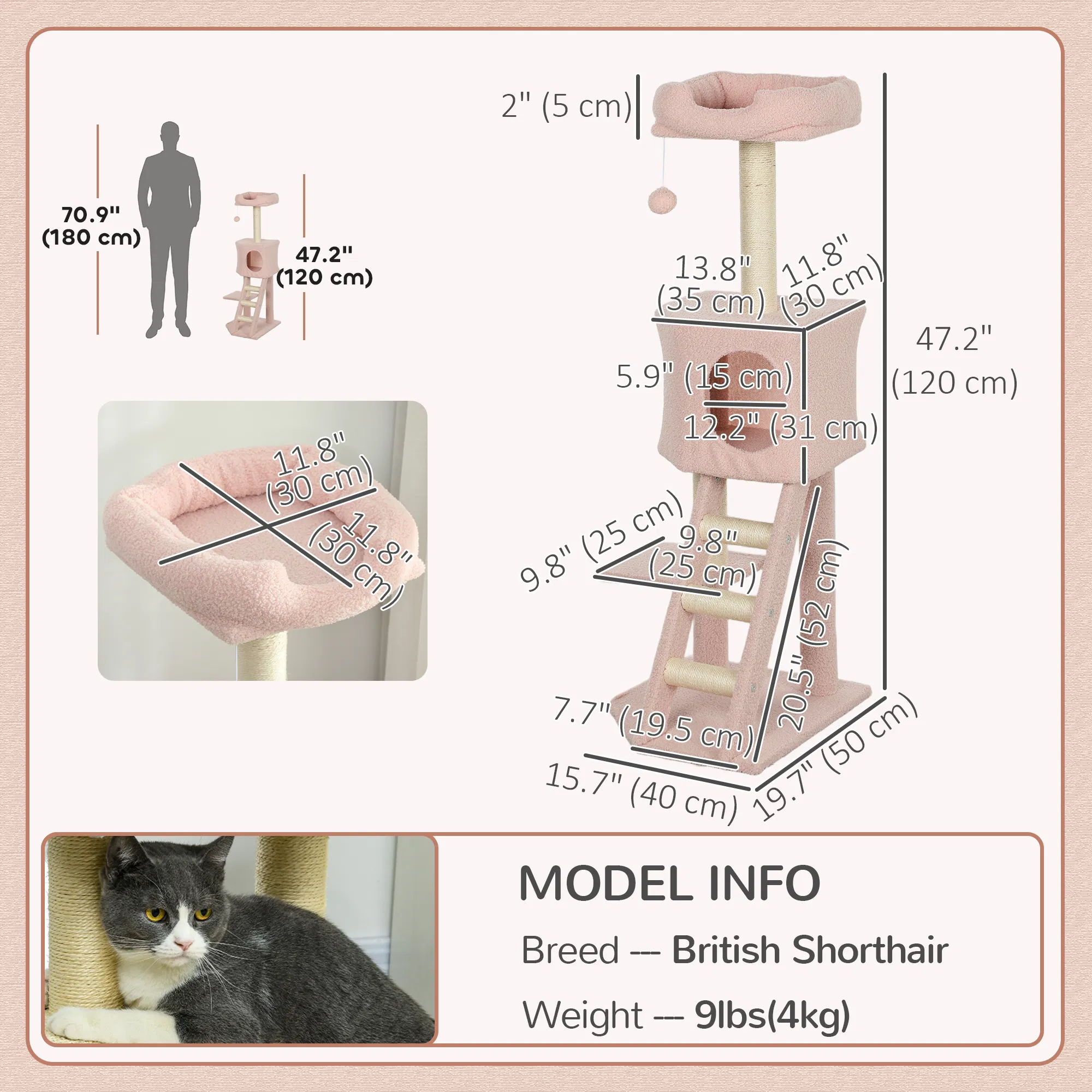 47" Tall Cat Tree Tower with Condo, Ladder, Scratching Posts and Hanging Ball, Pink — image 2