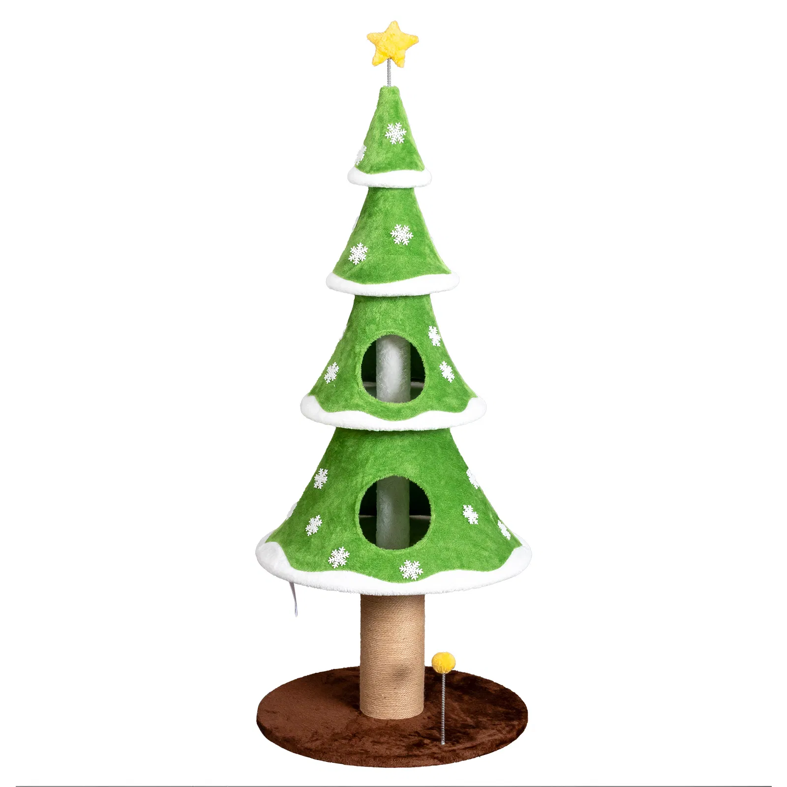 Large Tall Christmas Tree Cat Tower with 2 Cat Condos & Scratching Post, Soft Fleece Cat Tree with Teaser Toy & Sturdy Base & Built-in Openings for Indoor Cats, Green & White — image 10