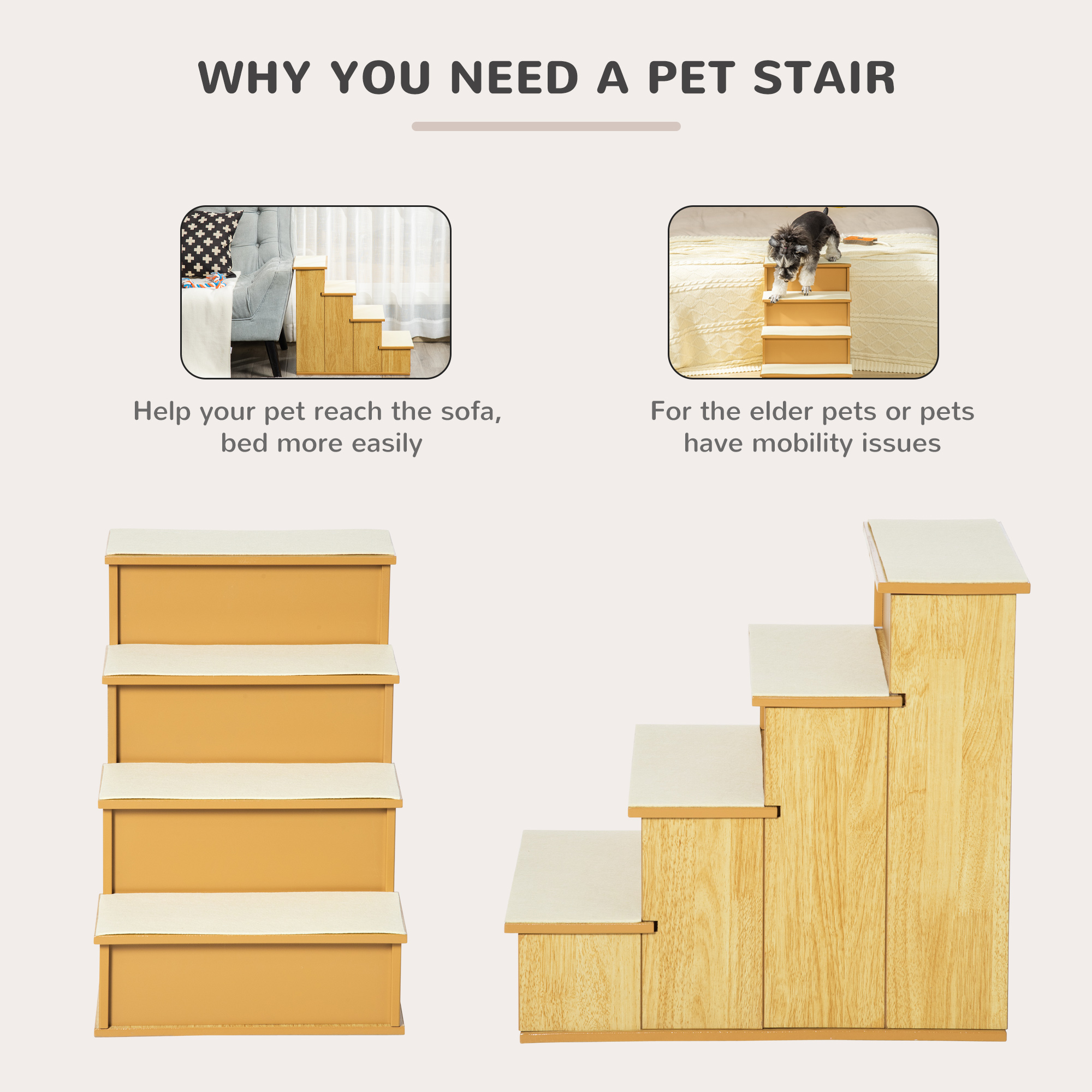 Pet Stairs, Small Pet Steps with Cushioned Removable Covering for Dogs and Cats Up To 22 lbs, Natural — image 4