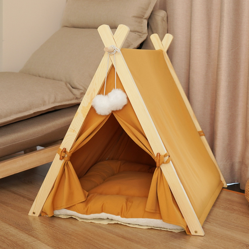 Four Seasons Pet Nest Removable and Washable Beige Stripe Canvas Solid Wood Tent Cat Nest Dog Bed — image 3