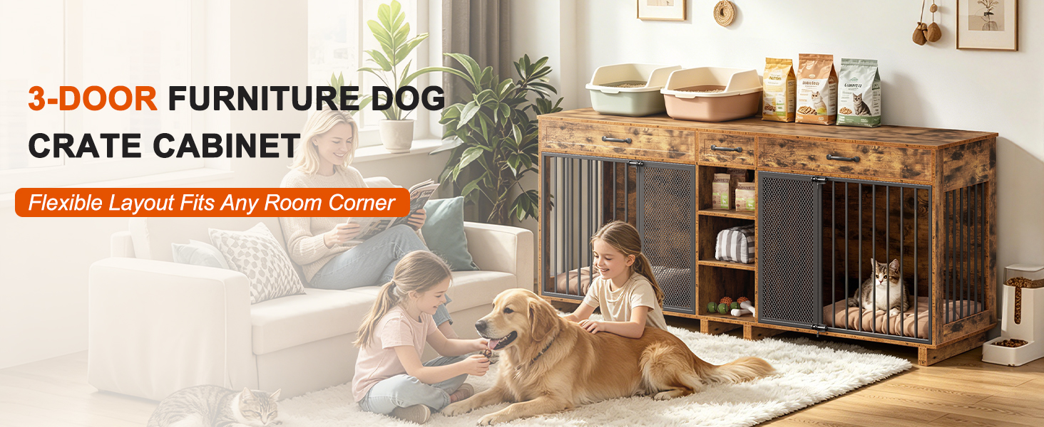 Large Wooden Dog Crate Furniture, Multi-Functional Pet Cage Cabinet with Storage — image 2