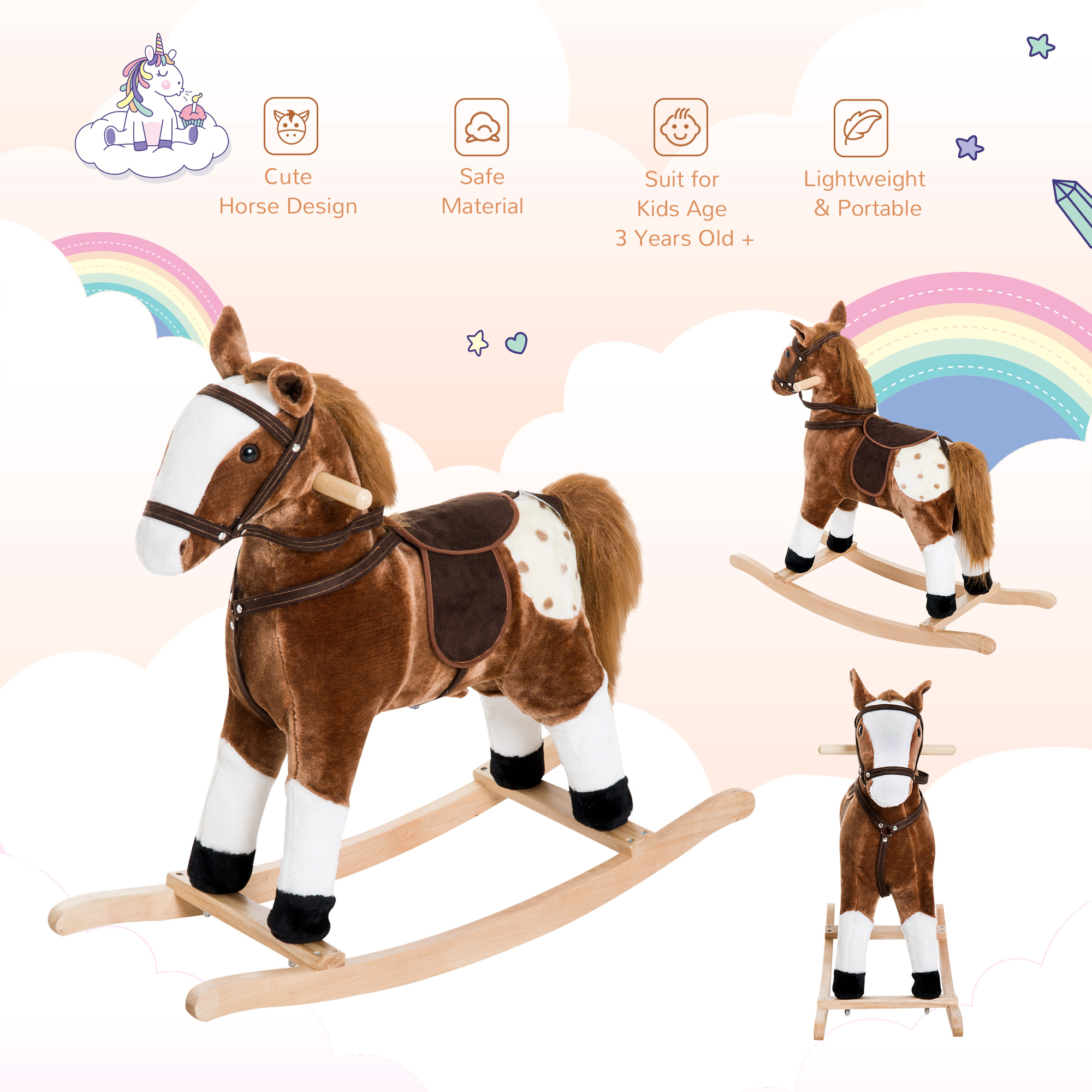 Kids Plush Toy Rocking Horse Pony Toddler Ride On Animal For Girls Pink Birthday Gifts With Realistic Sounds, Brown — image 2