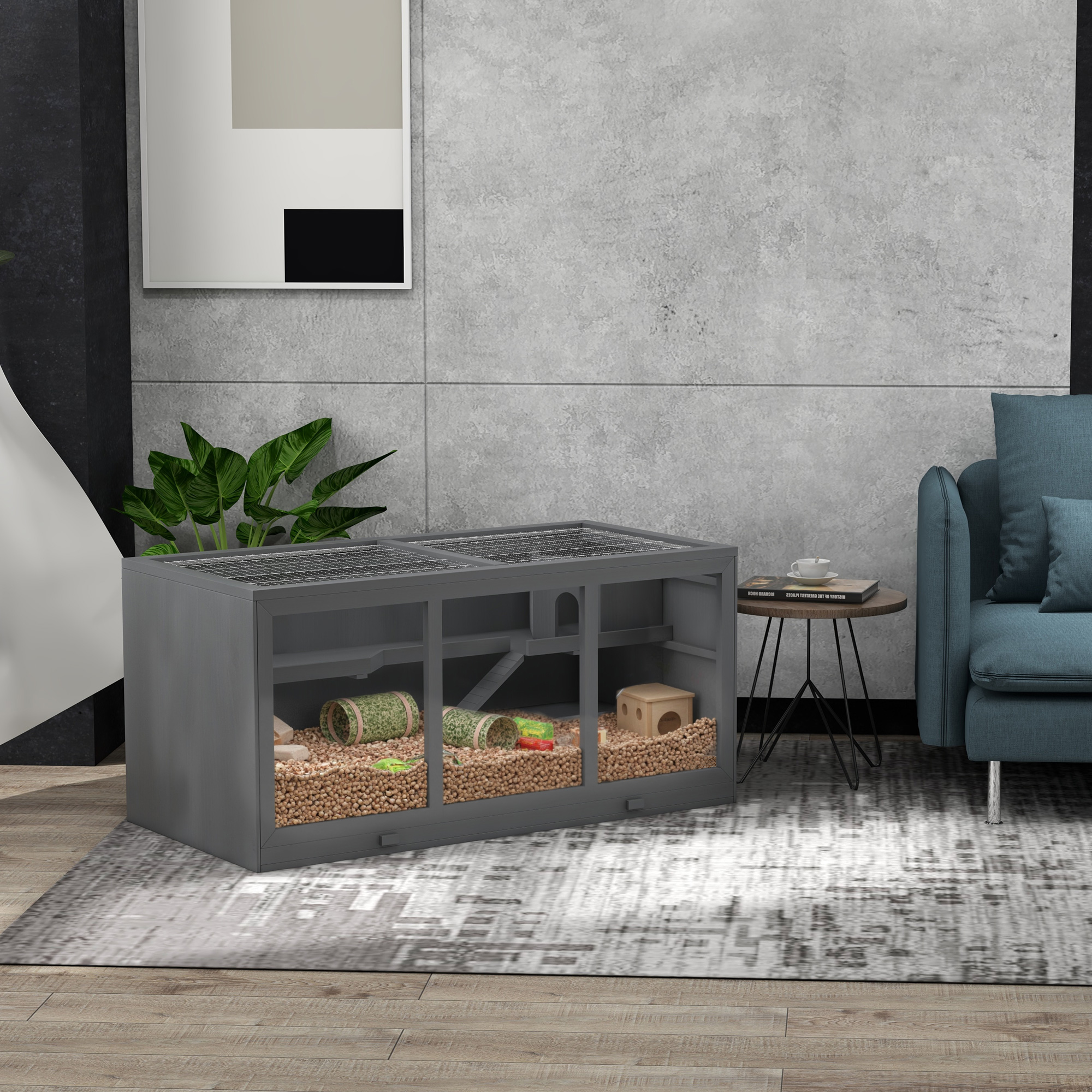 Caja de Ratón de Madera Grande con Techo Abierto, Cabaña, Rampas, Gris — imagen 1