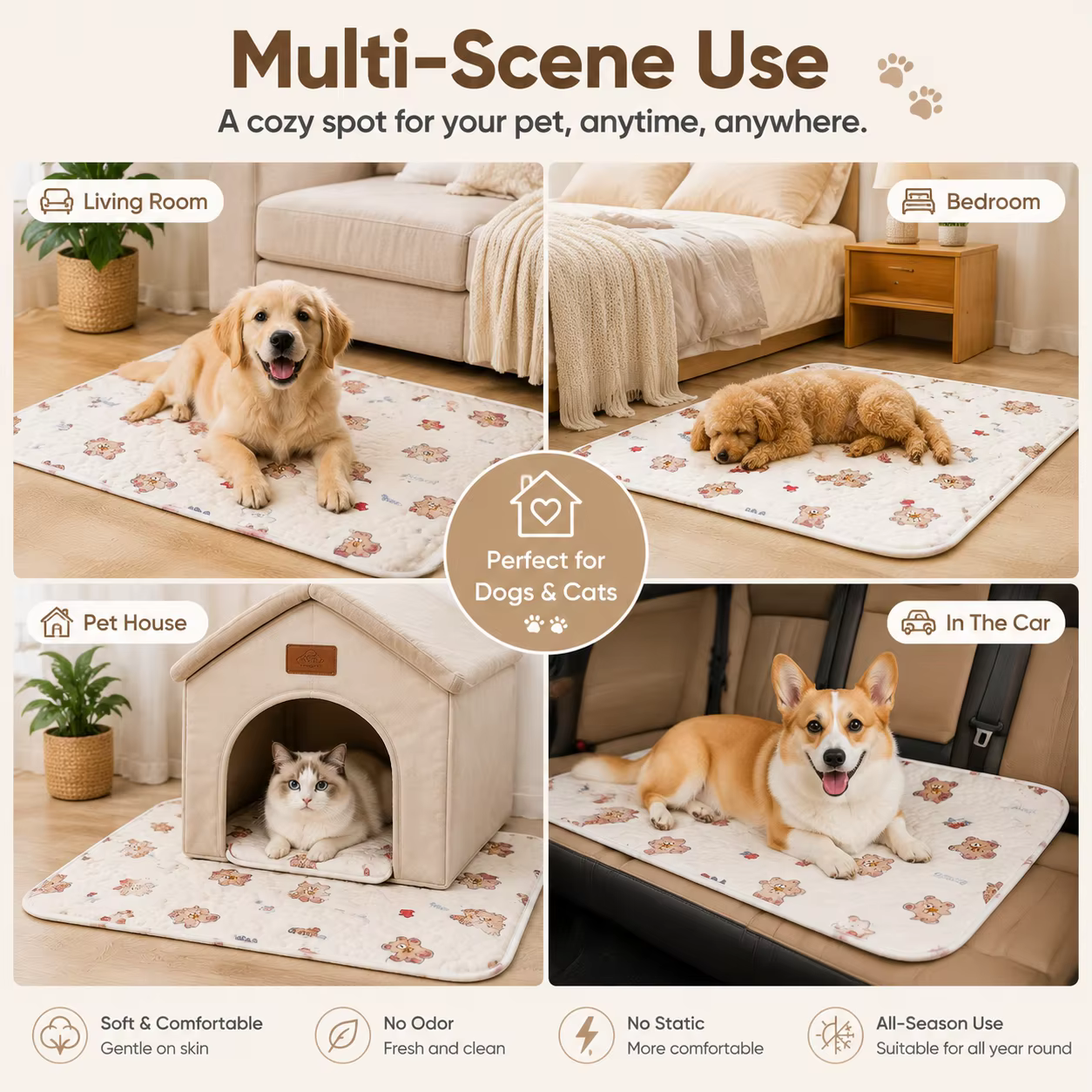 Manta de algodón suave para mascotas, lavable, cama para perros y gatos, almohadilla con patrón de oso, anti resbalones, cojín de dormir cómodo, cubiertas de alfombra para mascotas, manta — imagen 2
