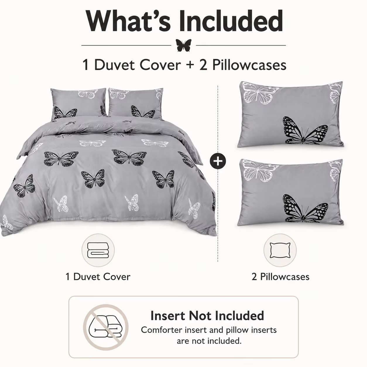 3Pcs Gray Butterfly Duvet Cover Set Soft Bedding Set with Pillowcases, Black White Butterfly Bed Cover for Girls Teens Queen King Twin Full — image 6