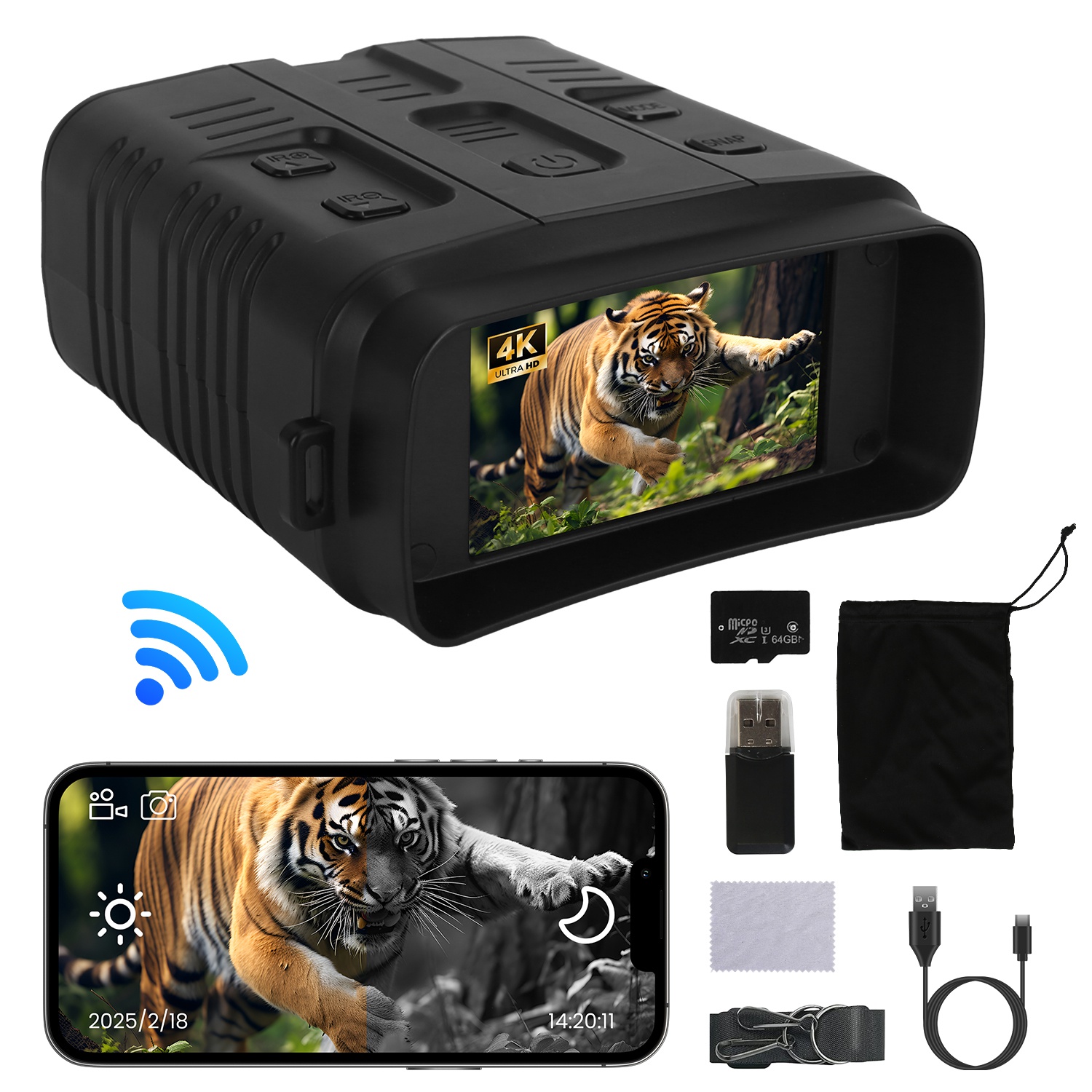 Gafas de Visión Nocturna 4K Binoculares a Todo Color con Zoom 10X, Alcance de Visión de 2624ft, Pantalla de 3in, Tarjeta MMC de 64G, Control por App WIFI, Guarda Fotos y Video, Ideal para Camping, Caza y Seguridad — imagen 12