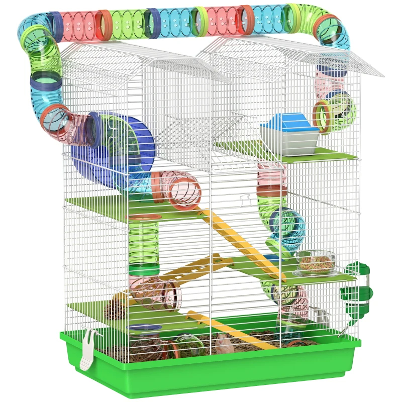 PawHut 5 Tier Hamster Cage With Tubes And Tunnels, Small Animal Cage, Rat Gerbil Cage With Water Bottle, Food Dish, Exercise Wheel, Green — imagen 8