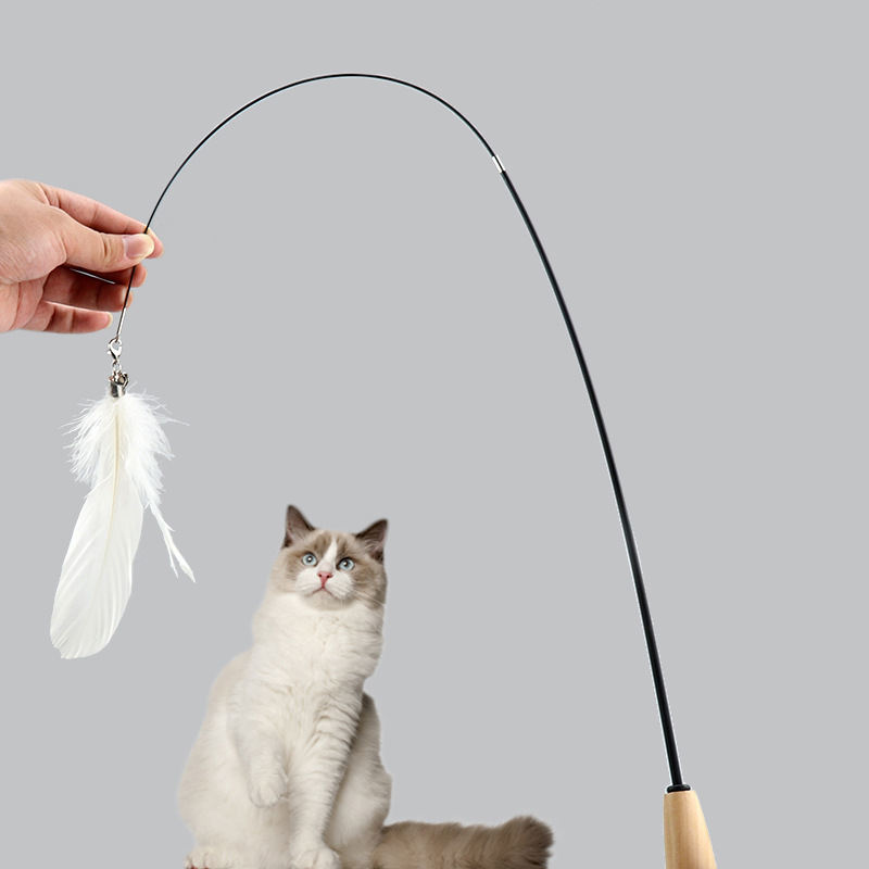 New Pet Products Wood Handle Carbon Fiber Rod Two Section Telescopic Cat Stick Monochrome Feather Bell Cat Toy — image 1