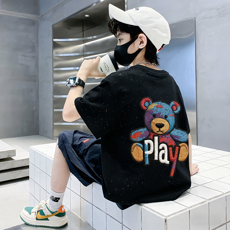 Children's T-Shirt Boy Front and Back Printed Cartoon Bear Short Sleeve Cool Casual Loose Top — image 4