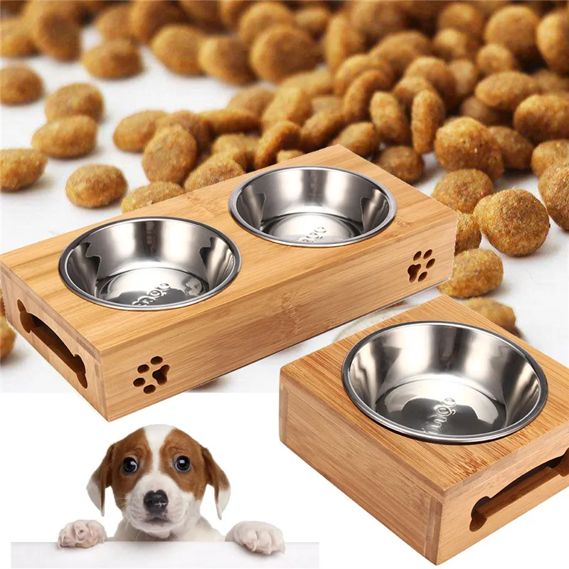Doble Disco para Perros Comida y Agua, Platos de Acero Inoxidable con Base de Bambú para Mascotas Gatos Caninos Alimentadores — imagen 1