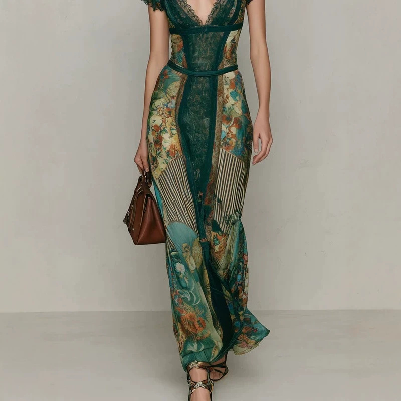 Vintage Emerald Green Lace V-Neck Short Sleeve Patchwork Oil Painting Print Fitted Flared Vacation Fish Tail Long Dress — image 4