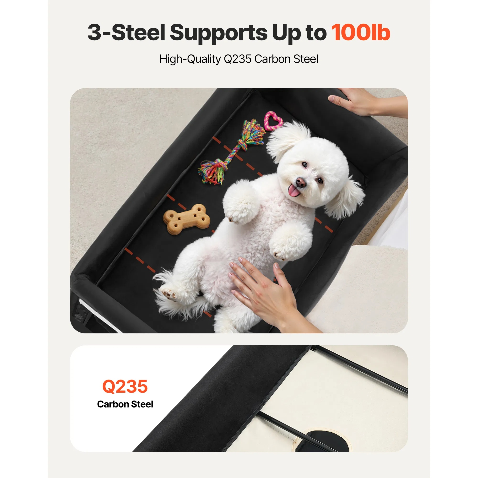 Cama de Descanso Elevada para Perros XL, Cama Portátil con Ruedas para Grandes Perros y Gatos, 600D Tela de Lino Oxford y Alfombrilla de Veludo Holandés con Muelles de Espuma, Almacenamiento Lateral para Accesorios — imagen 4