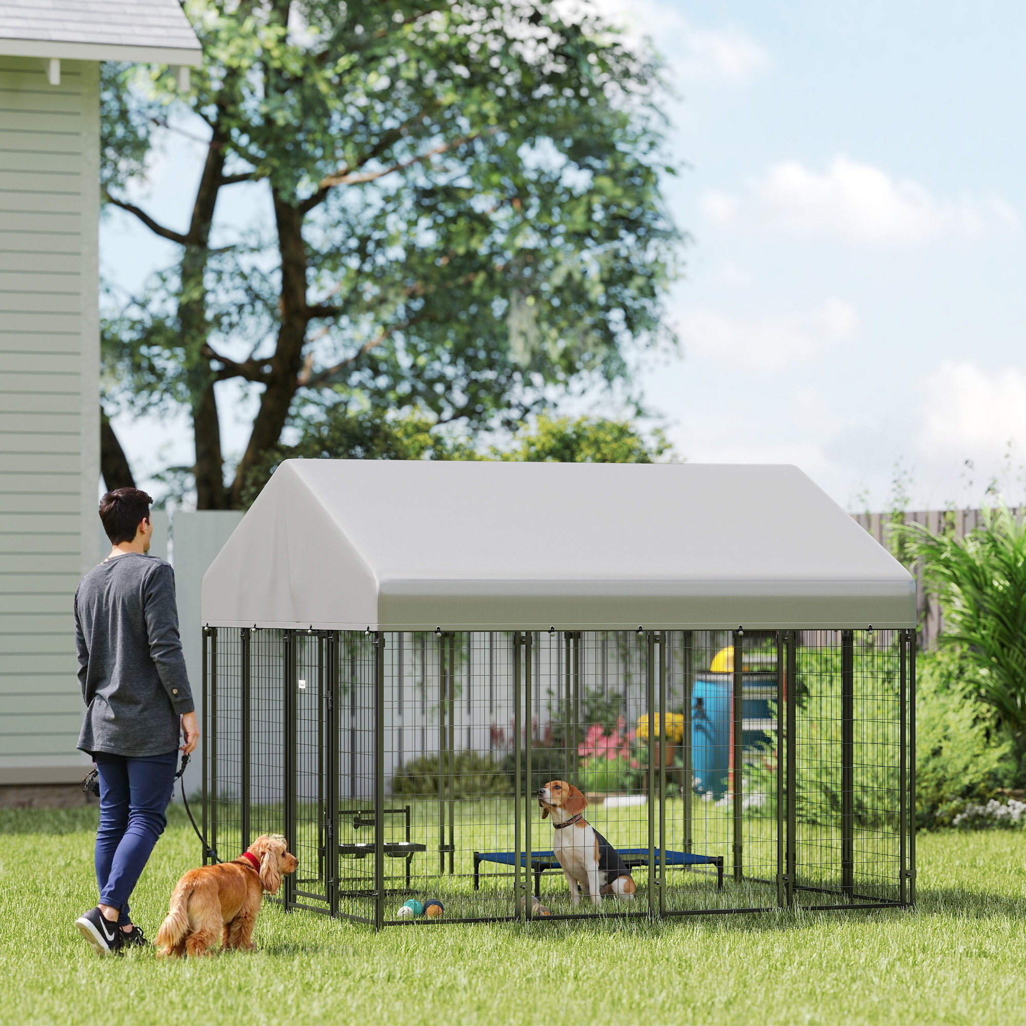 Outdoor Dog Kennel with Roof, 8 x 8 x 6 Heavy Duty Welded Wire Dog Playpen Enclosure with Escape-proof Lock — imagen 2