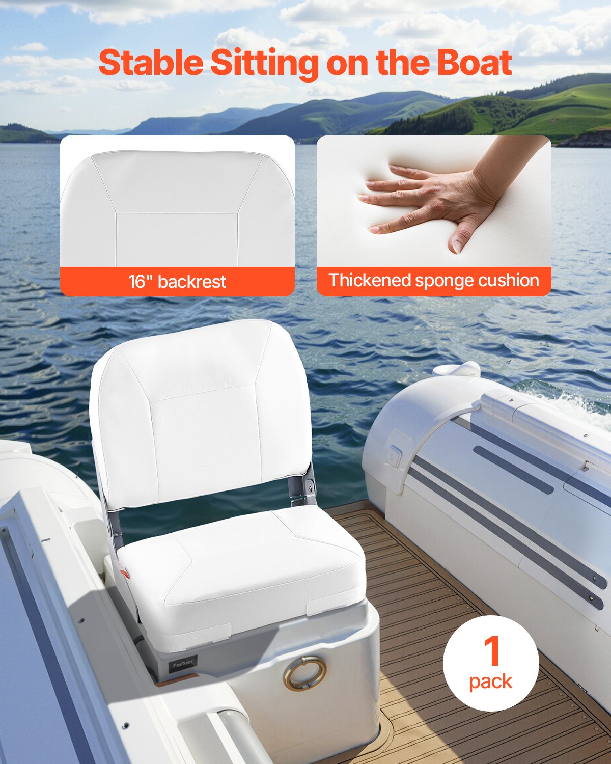 Asiento de Barco, Espalda Baja, Asiento Plegable para Pesca con Cubreto y Cushión de Espuma Espesa & Cuero PVC Impermeable, Articulaciones de Aluminio, Asiento que Se Levanta para Lanchas, Yates, Naves, Blanco — imagen 2