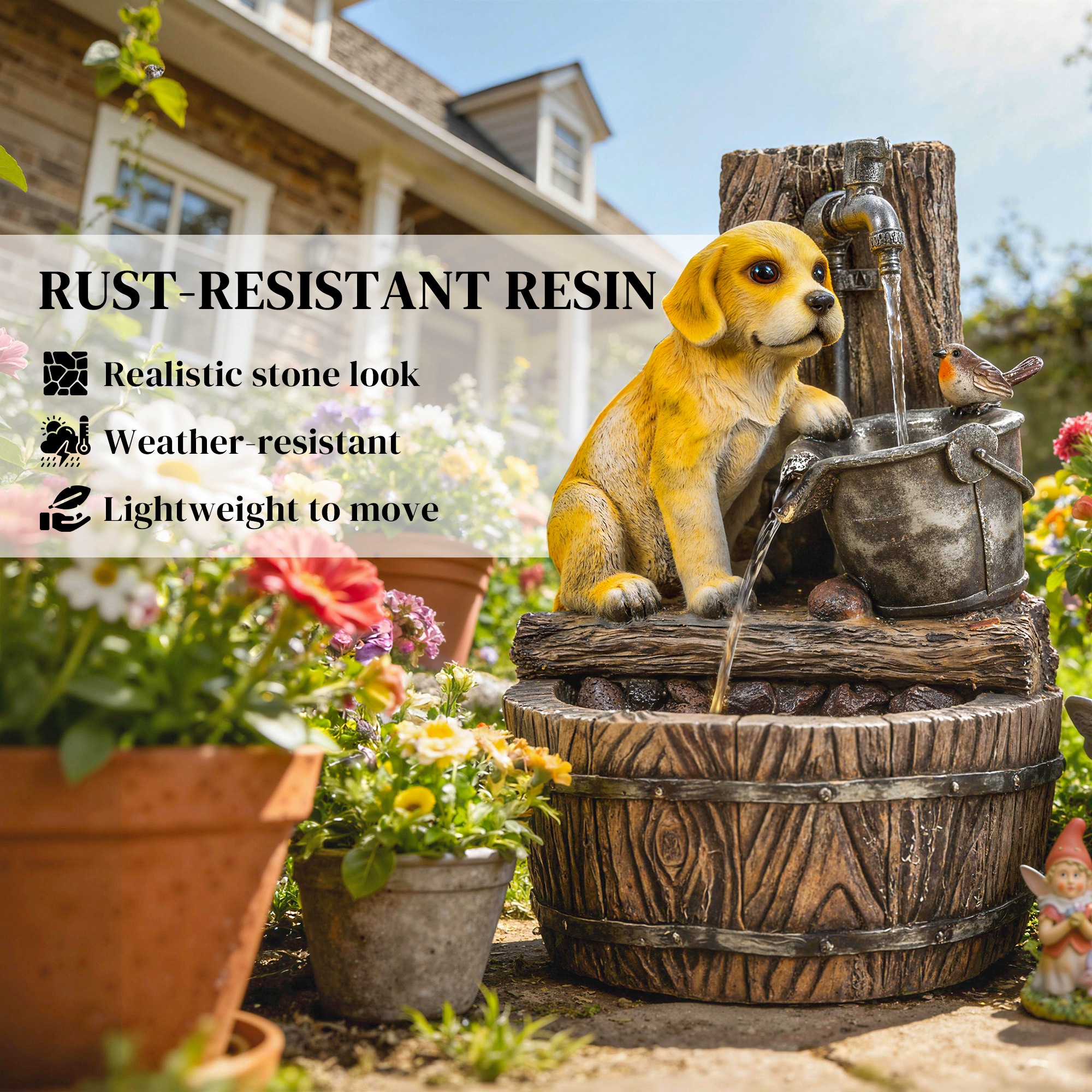 Fuente Exterior de 22" con Tema de Cachorro de 3 Niveles, Fuente de Jardín de Resina con Luces LED, Flujo Ajustable, Marrón Rústico — imagen 8