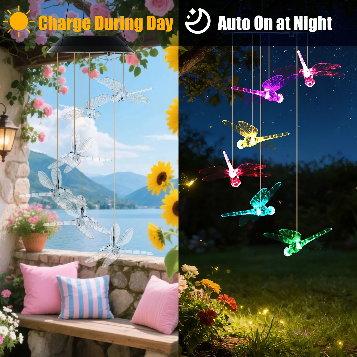 3Pack Solar Hummingbird Butterfly Dragonfly Wind Chimes 7 Color Changing Wind Chime For Outside IPX4 Waterproof Outdoor Garden Yard Decor — image 8