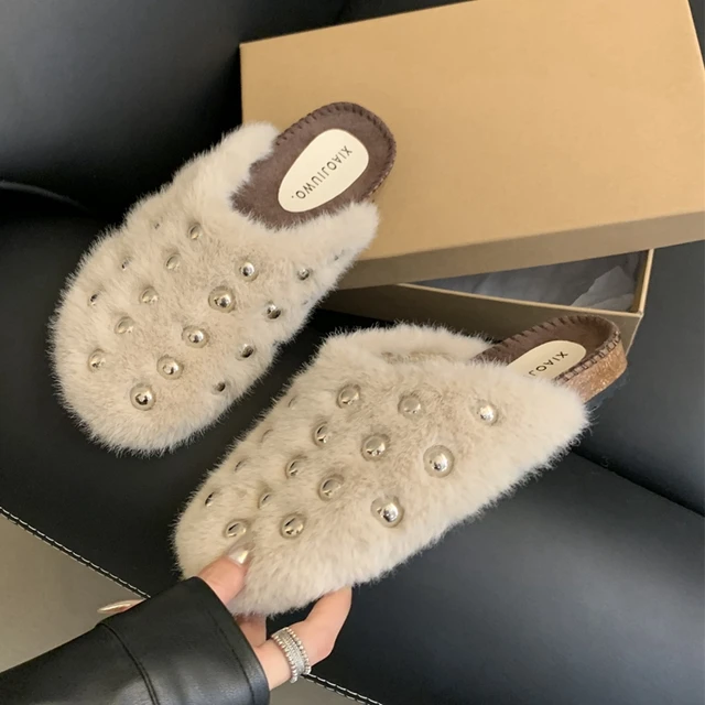 Women Flat Slipper Fashion Rivet Warm Plush Ladies Casual Slip On Mules Shoes Flat Heel Outdoor Dress Slide — image 1