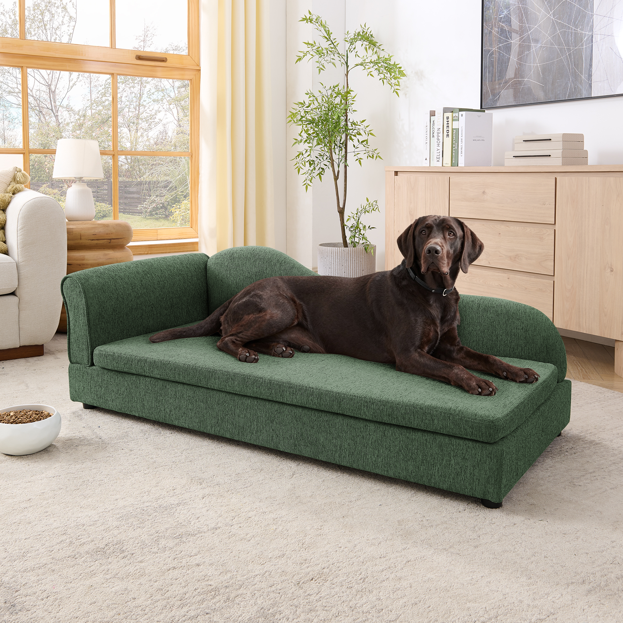 Oversized Pet Sofa For Medium Large Dogs - Modern Irregular Wave Backrest, Single Armrest, Premium Breathable Linen Fabric, Soft Cushion & Low Plastic Feet-Olive Green — imagen 1