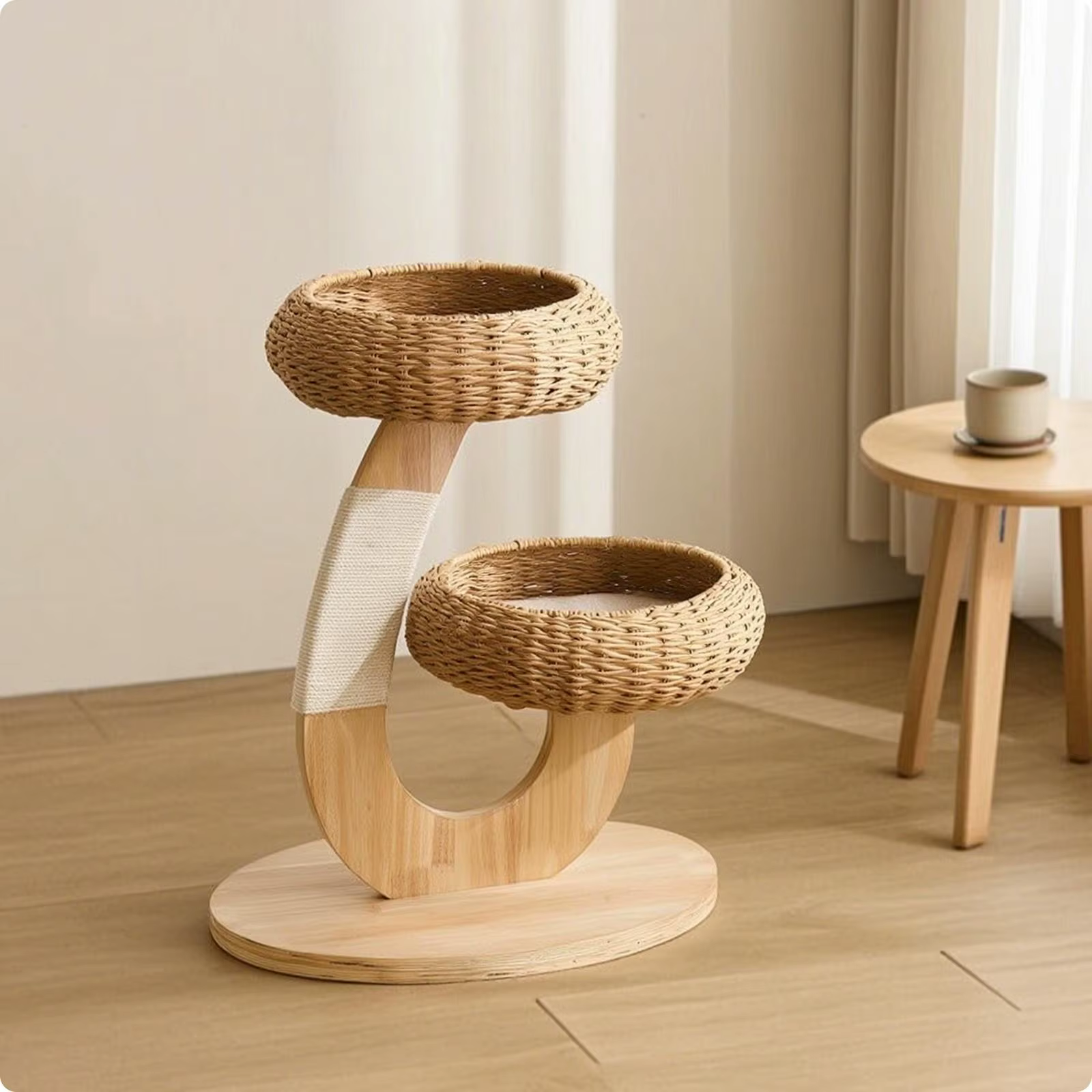 Wooden Cat Tree with Rattan Perch Compact Cat Tree with Perch Sturdy for Kittens — image 1