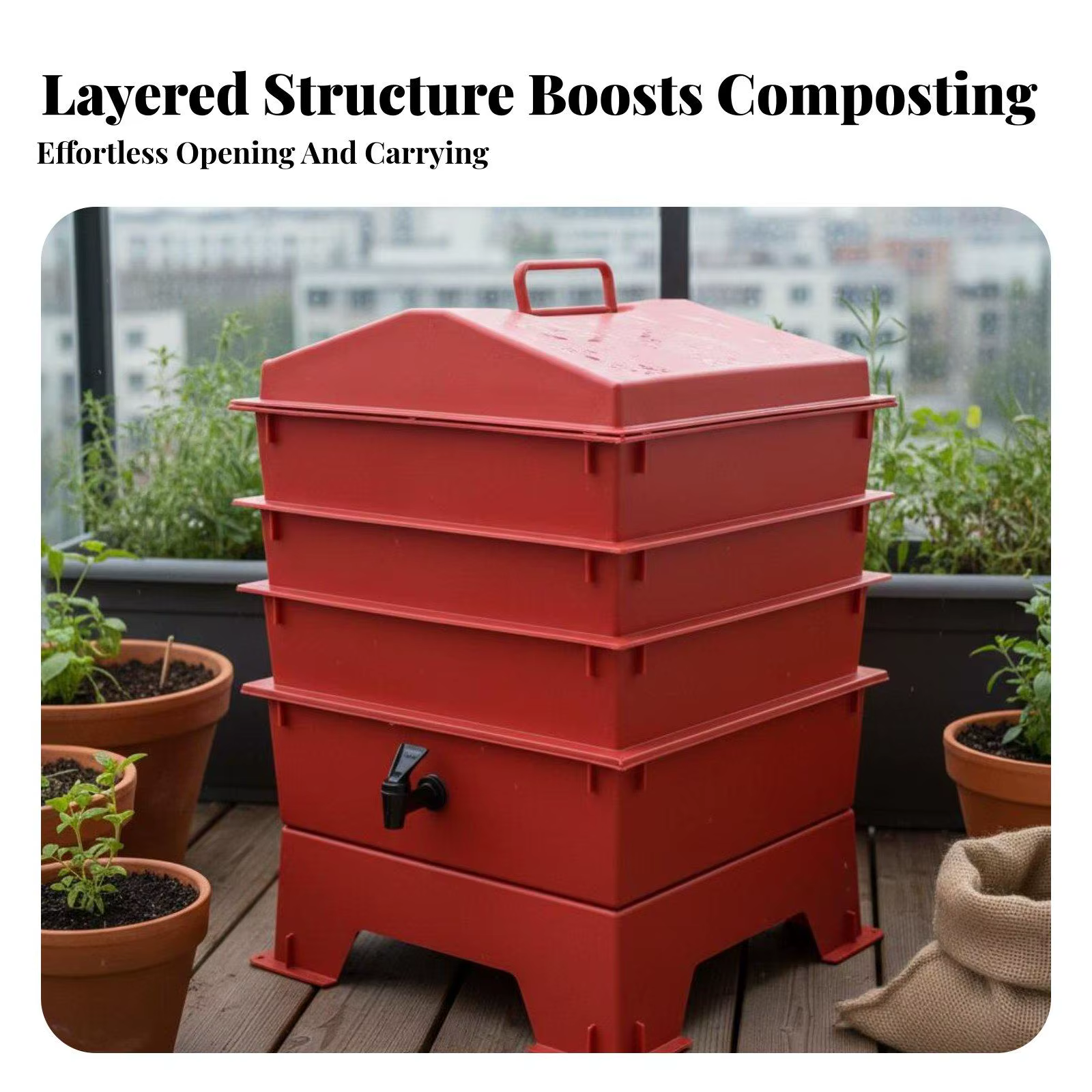 Contenedor de compostaje plástico para sistema de granja de gusanos de cocina en balcón, patio, con bandejas extensibles y cosecha con grifo — imagen 4