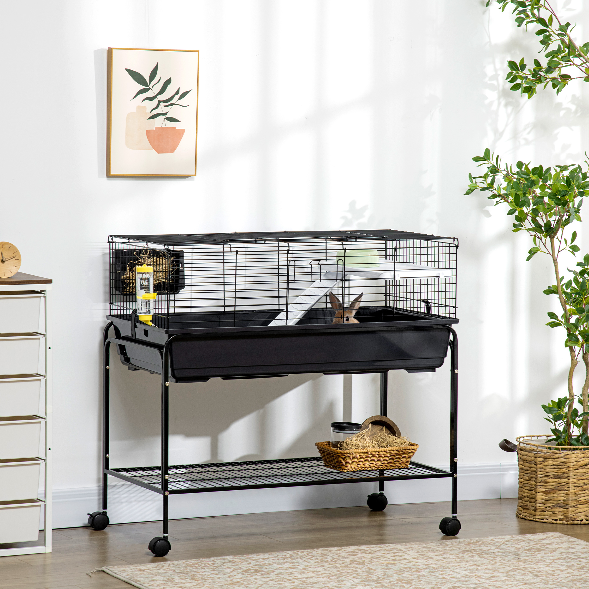 Caja de Animales Pequeños de Dos Niveles, Removible del Soporte, Acogida para Conejos, Pájaros Exóticos, Hamsters, Ratas, 39" x 20.5" x 36.5", Negro — imagen 1