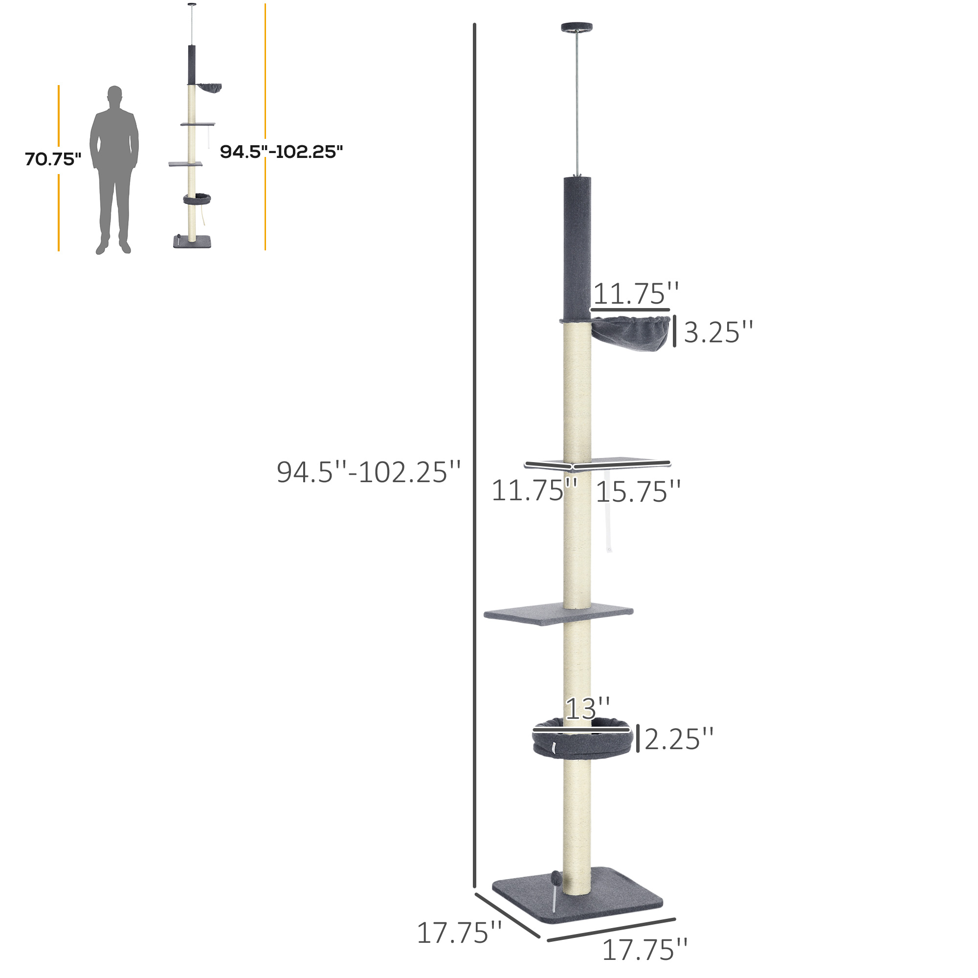 Floor To Ceiling Cat Tree, 5-Tier Cat Climbing Tower, 95-106 Height Adjustable with Carpeted Platforms, Cozy Bed, Hammock, Scratching Post & Toy Ball for Indoor Cats, Dark Gray and Cream — image 3
