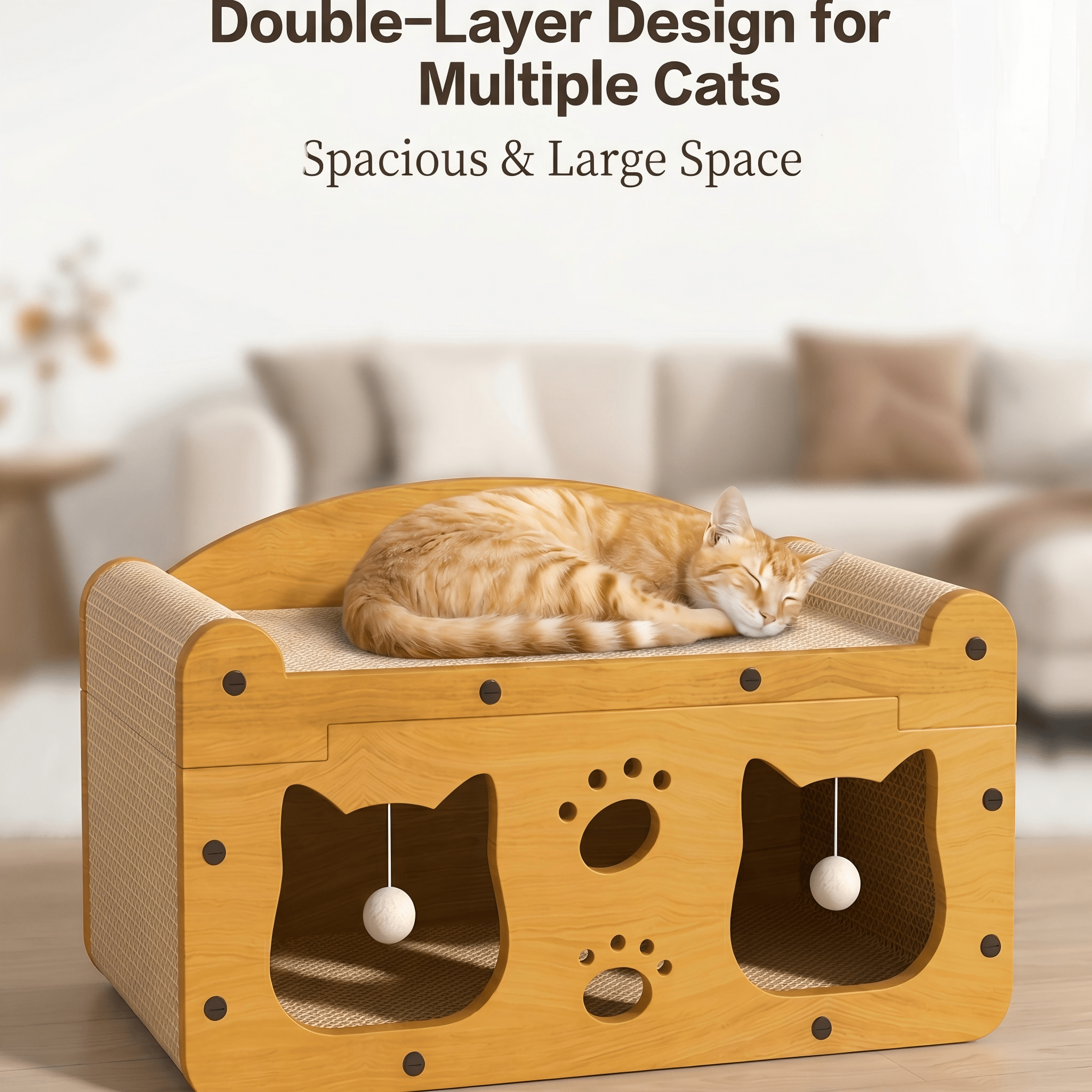 Casa de Gato Multiestilo con Dos Capas: 2 Niveles Grande para Perros y Gatos con Cartón Corrugado, Bolas Suspensas Interactivas y Soporte Cervical Ergonómico para Hogares con Muebles — imagen 1