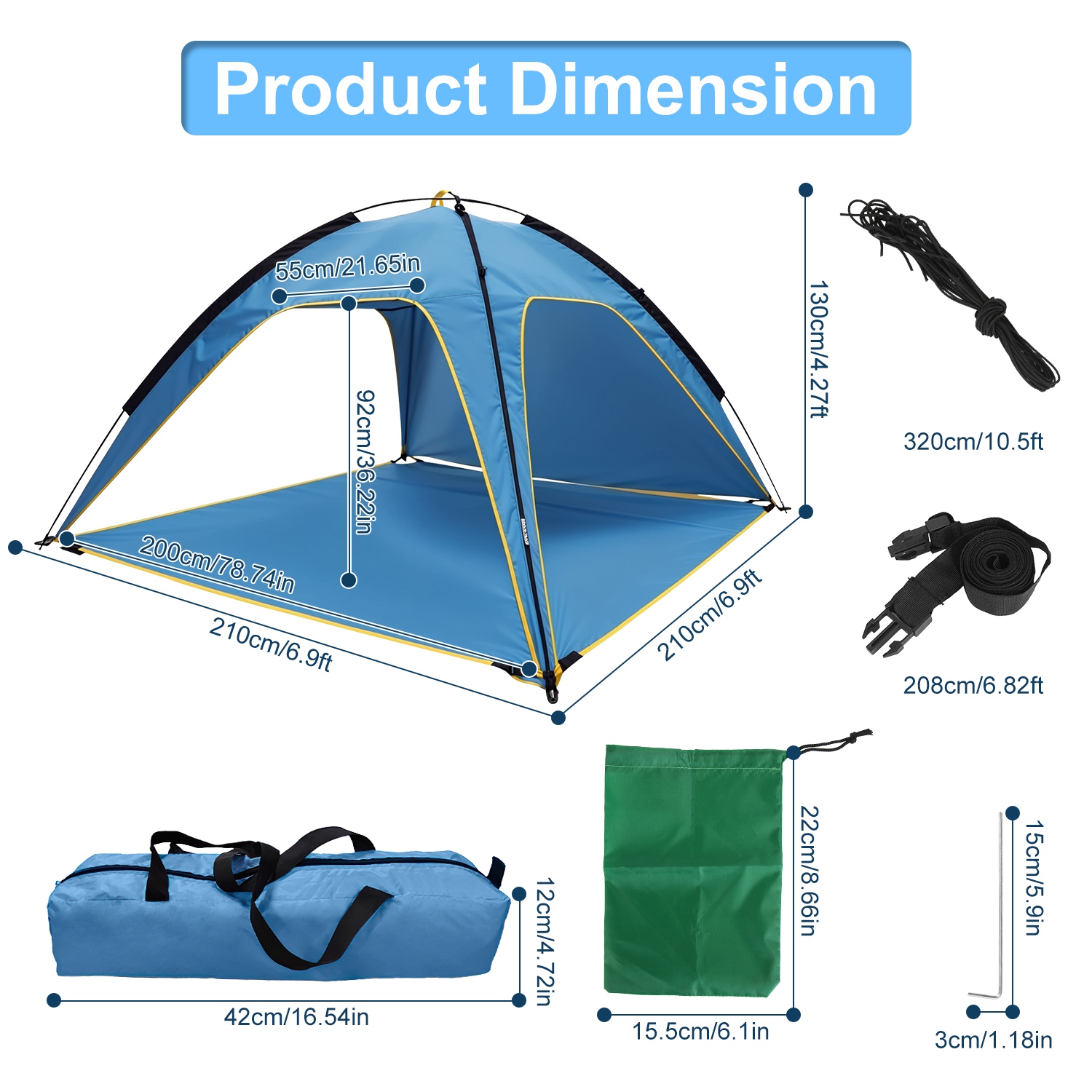 Toldo de Playa para 4-6 Personas con 3 Aberturas de Puerta, Bolsa de Transporte, UPF50, Impermeable, para Playa, Picnic, Campamento, Senderismo, Aventura y Pesca — imagen 10