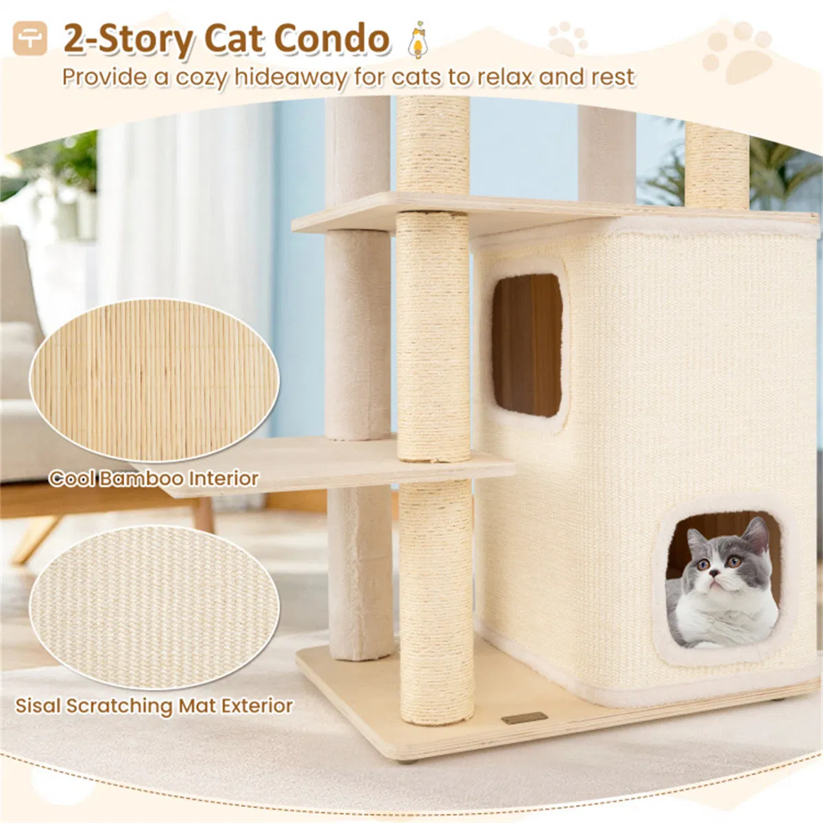 63" Wooden Cat Tree - 2-Story Condo with Bamboo Interior, 5 Sisal Scratching Posts, 44 lbs Per Layer Capacity — image 3