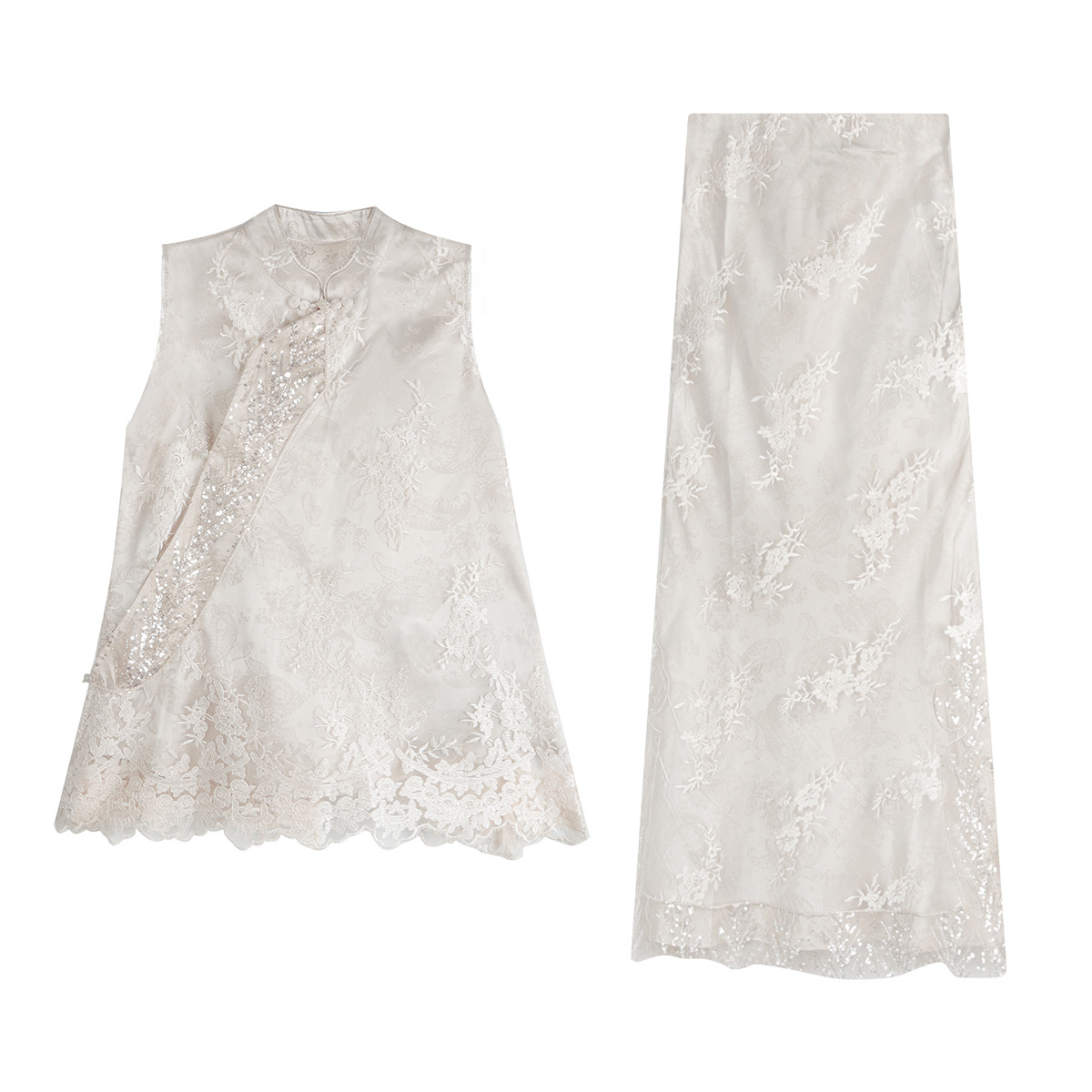 New Chinese Style Heavy Lace Beaded Embroidered Slant Collar Vest + Fish Tail Skirt Embroidered Traditional Costume Set — image 6