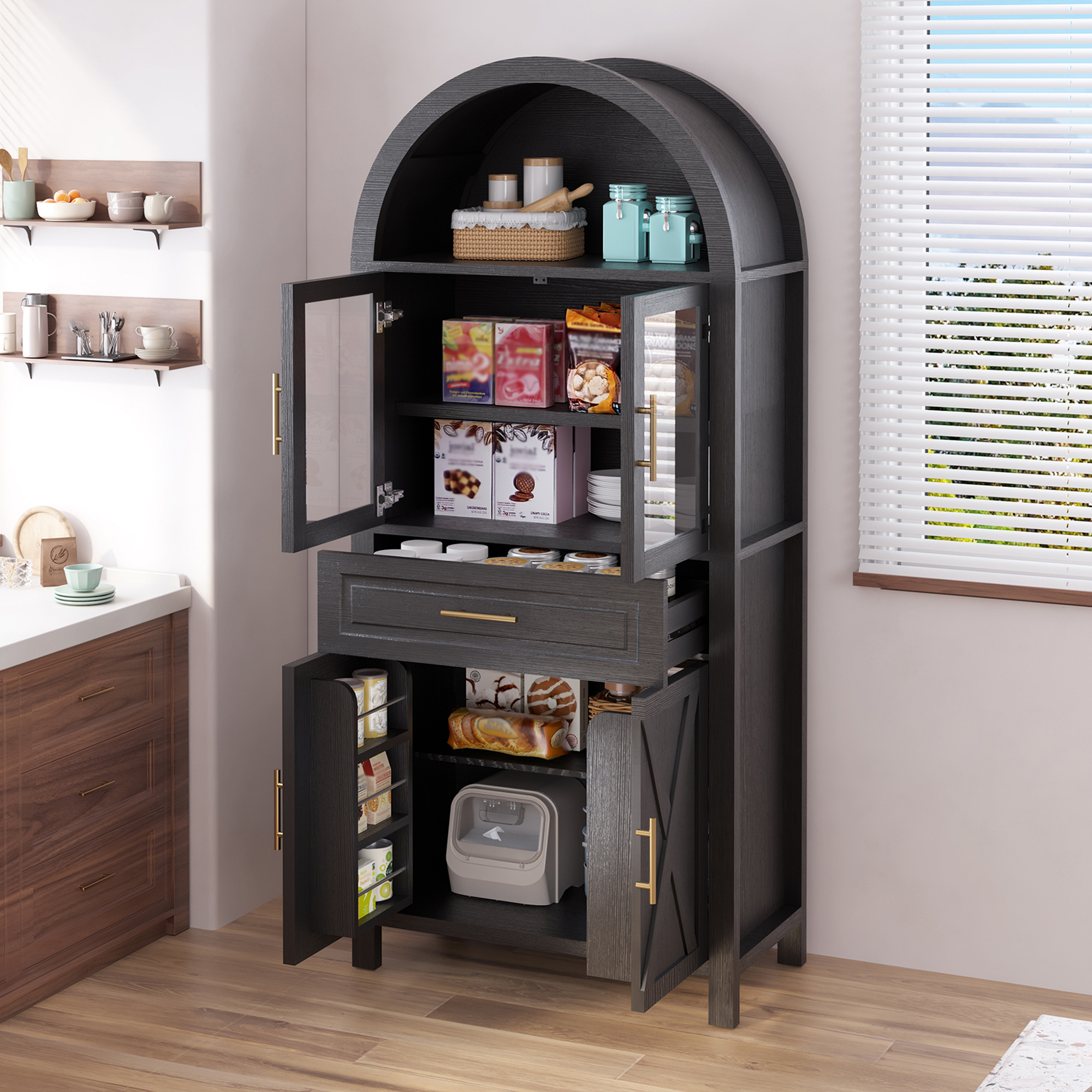 Cajón de Almacenamiento de Cocina con Puerta de Vidrio y Diseño de Estilo Rural de 71" de Alto, con Estanterías Ajustables y Acceso por Puerta de Granja para Salón, Comedor y Cocina, Negro — imagen 4