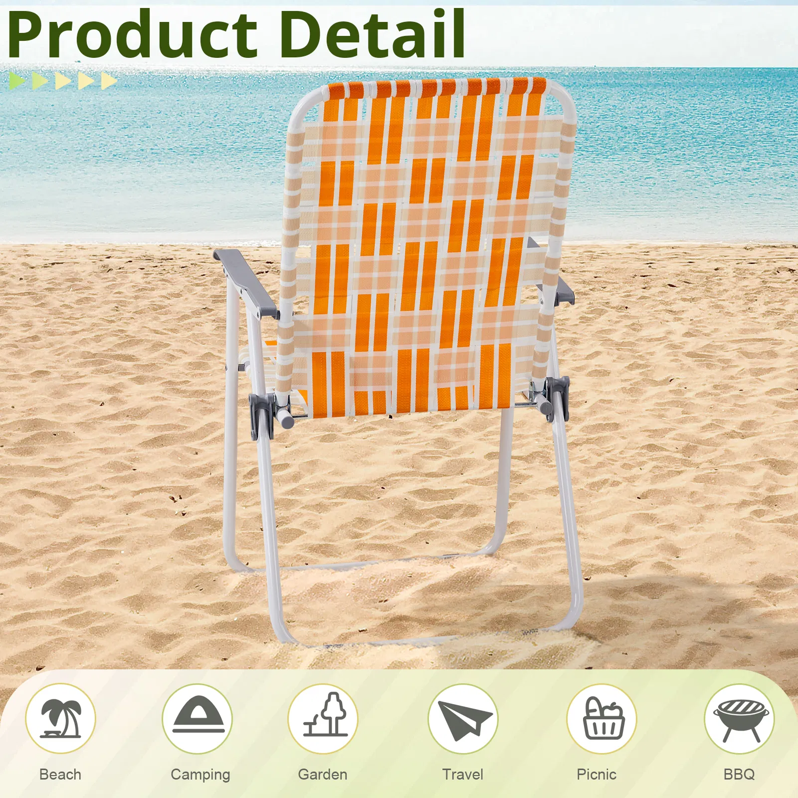Set of 2 Webbed Folding Beach Chairs, Outdoor Patio Lawn Foldable Chairs for Camping Fishing Yard Poolside BBQ, Orange & White — image 17