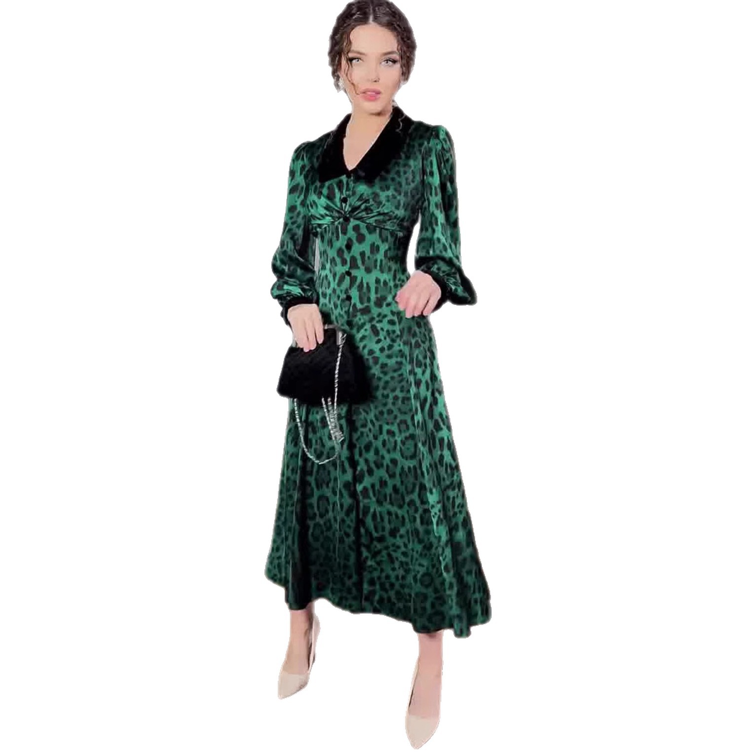 Chic Fitted Waist Leopard Print Long Dress, Printed Slimming Dress Fashion Spring — image 6