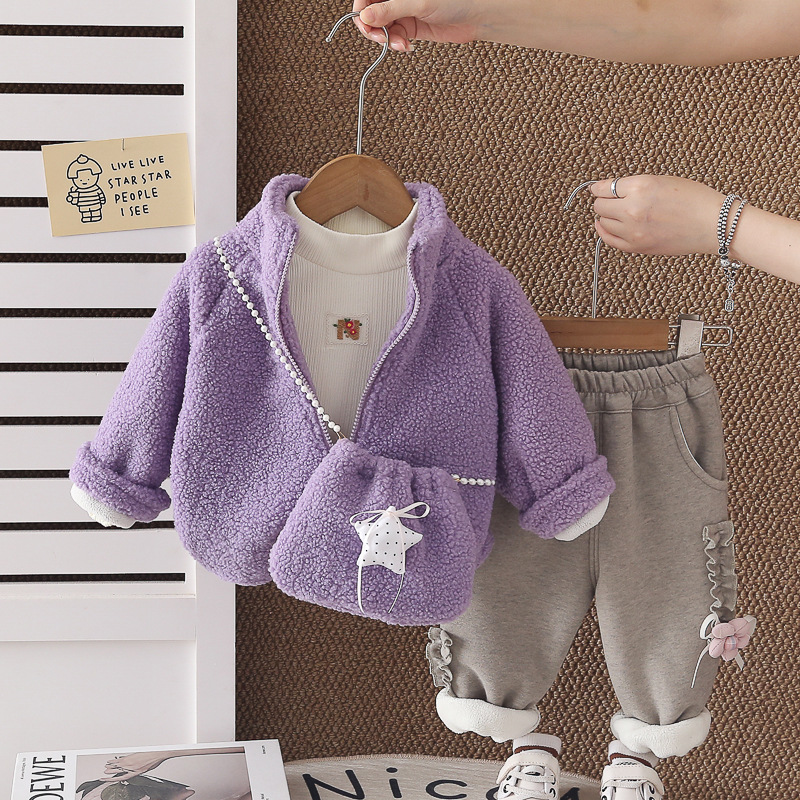 Girls Autumn Winter Fleece Lined Star Cat Print Three-Piece Set Outfits with Bag — image 8