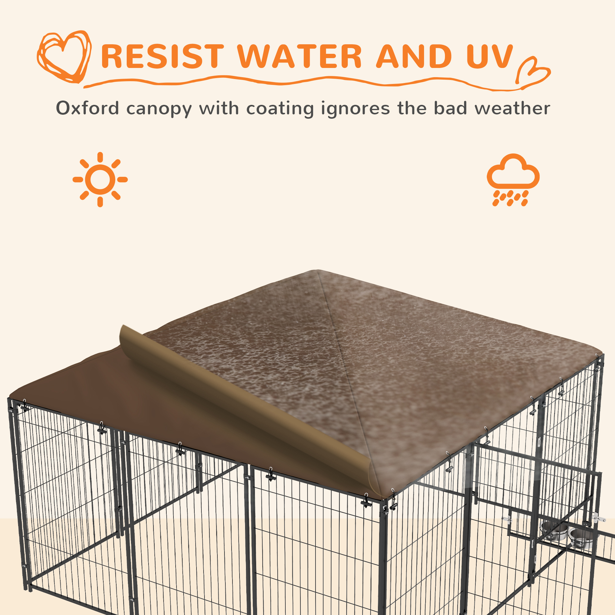 6.9' X 6.9' X 5' Outdoor Dog Kennel With Canopy Garden Playpen Fence Crate Enclosure Cage Rotating Bowl, Coffee — imagen 2