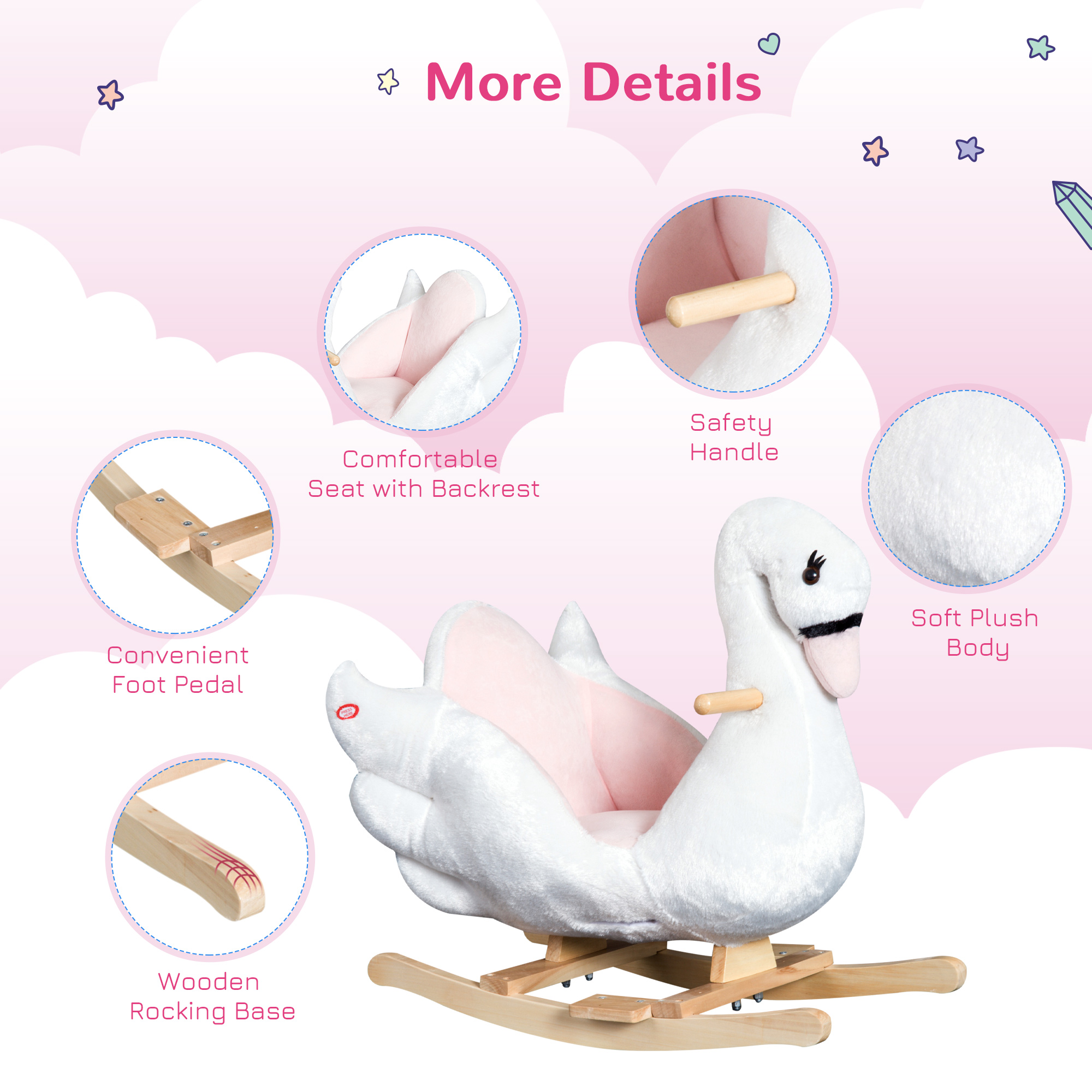 Caballo de Roca Plush para Niños con Música y Movimiento de Cabeza para Bebés Mayores de 18 Meses, Blanco y Rosa — imagen 4