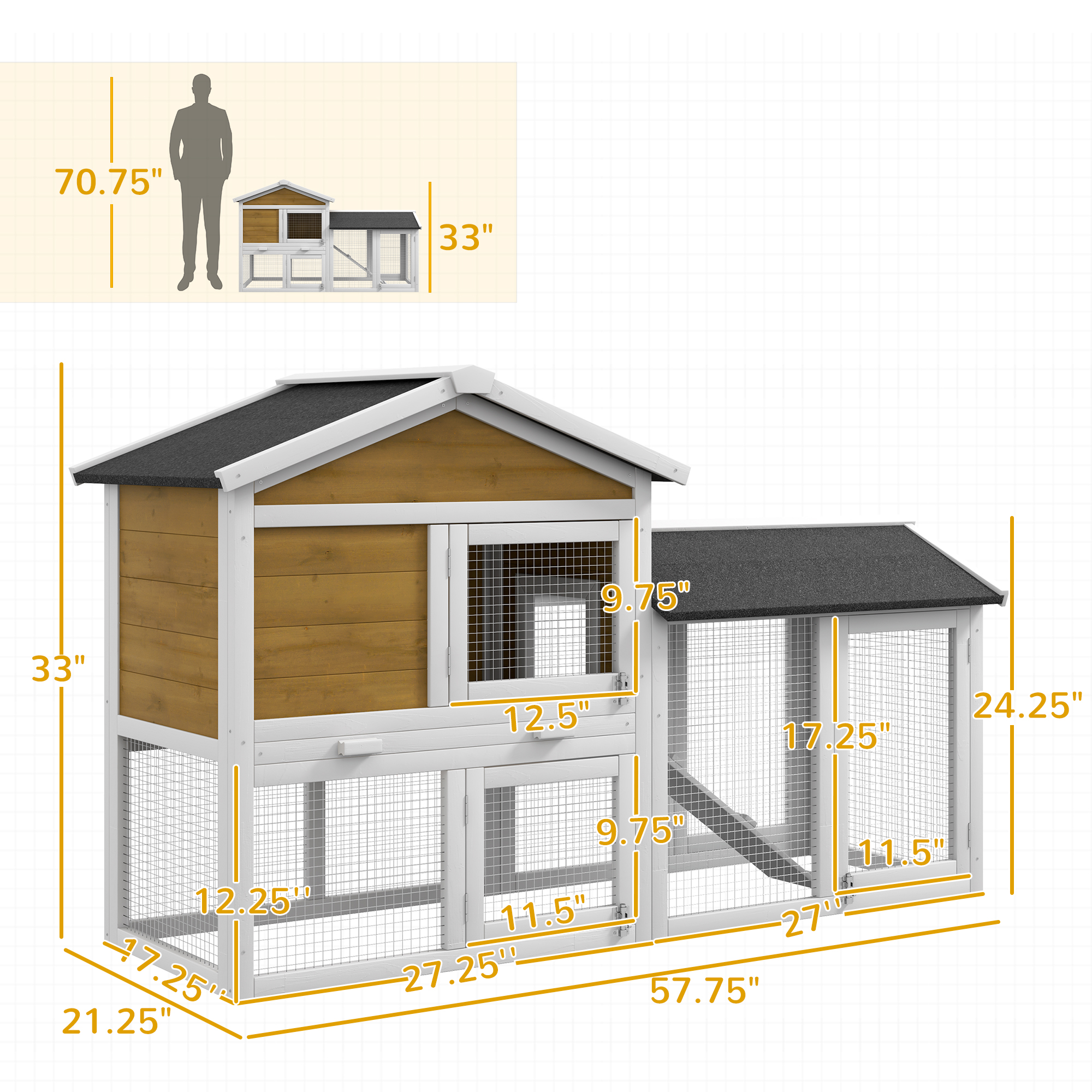 Conejera de Madera de 58" con Corral, Bandeja Removible, Techo de Asfalto, Puertas con Cerradura y Rampa, Madera Natural — imagen 5