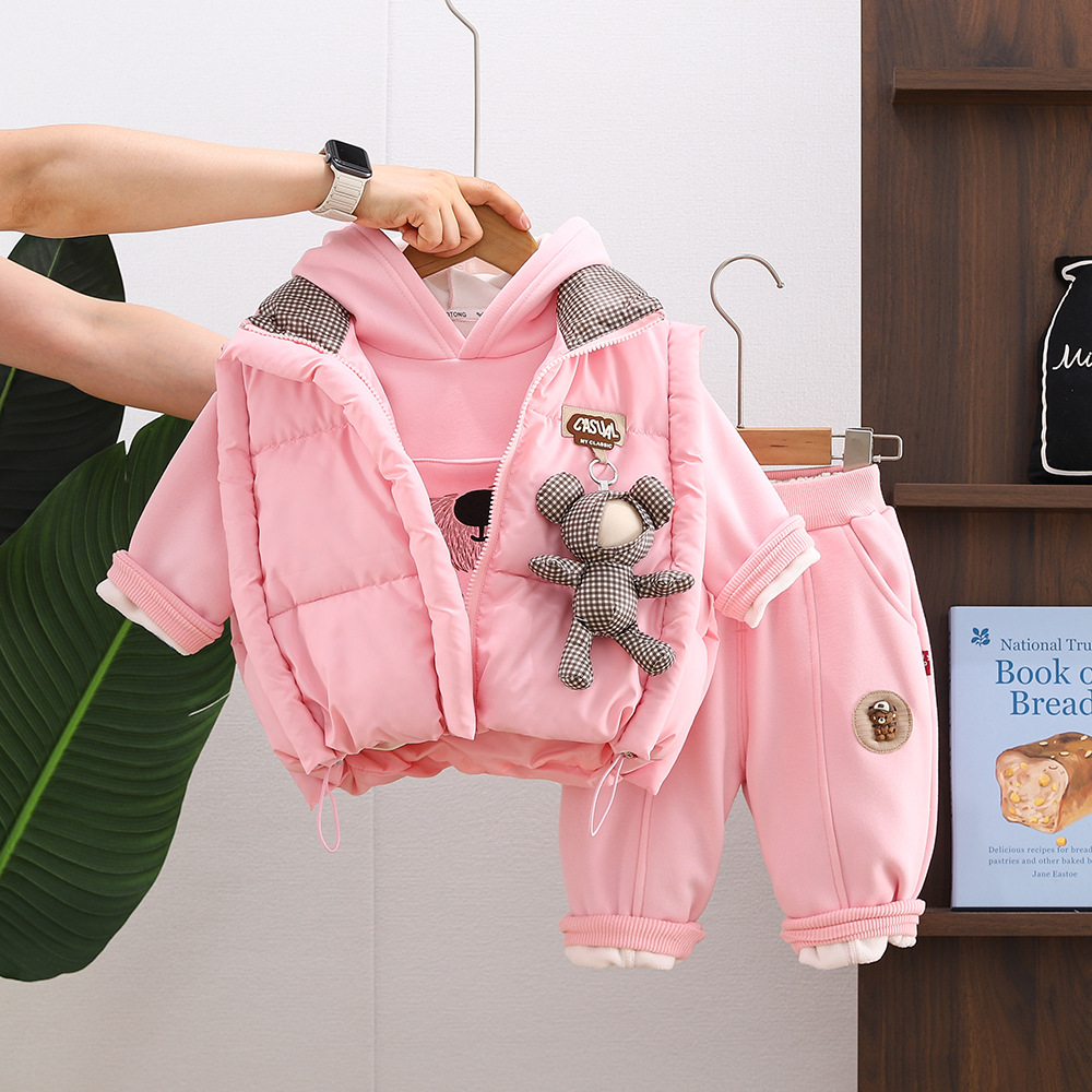 Boys Winter 3D Bear Pattern 3-Piece Set Thickened Cotton Vest Fleece-Lined Hoodie Pants Kids Warm Outfit — image 4