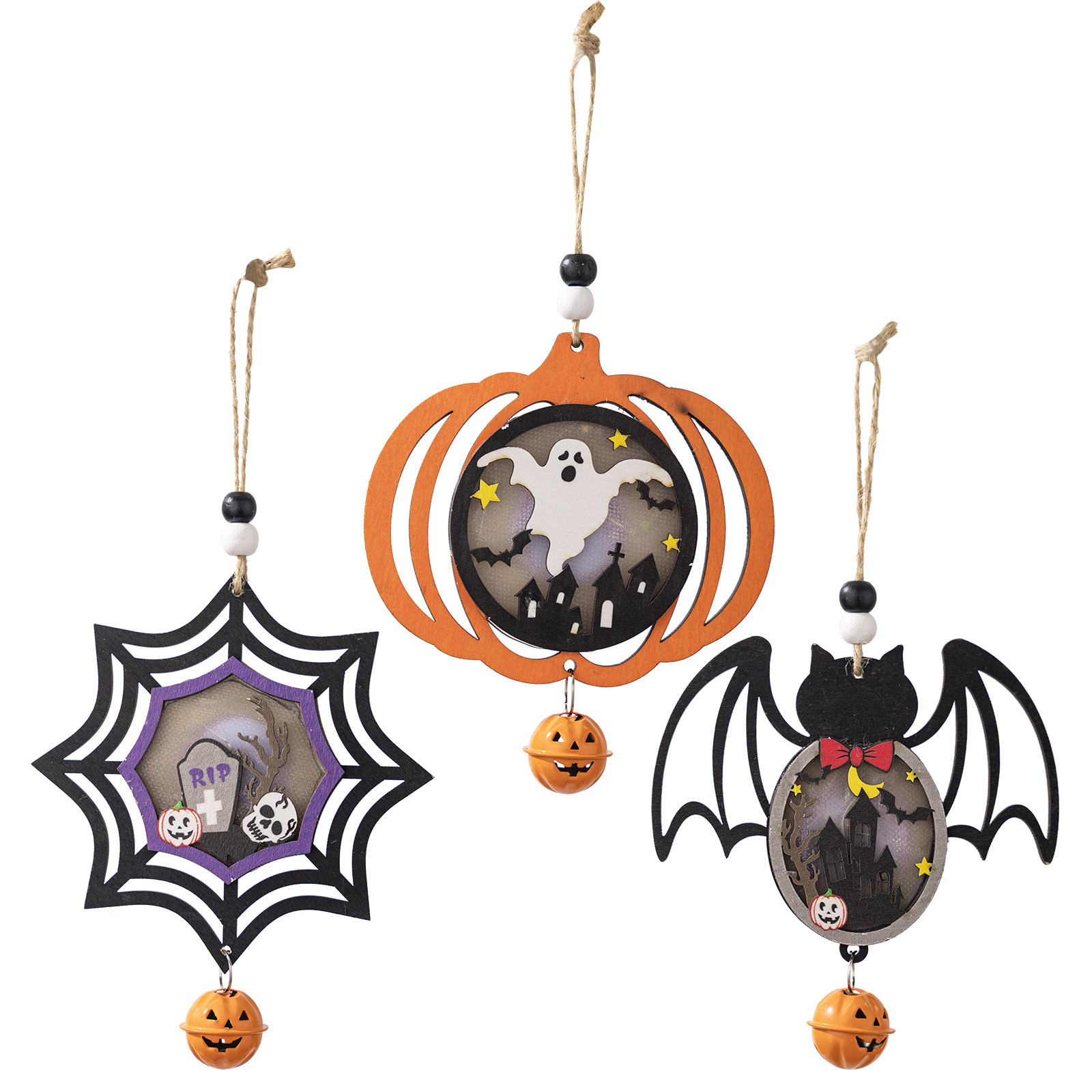 Lámpara de Pumkin de Madera para Colgar, Decoración de Ambiente de Halloween, Pendiente de Araña y Fantasma — imagen 1