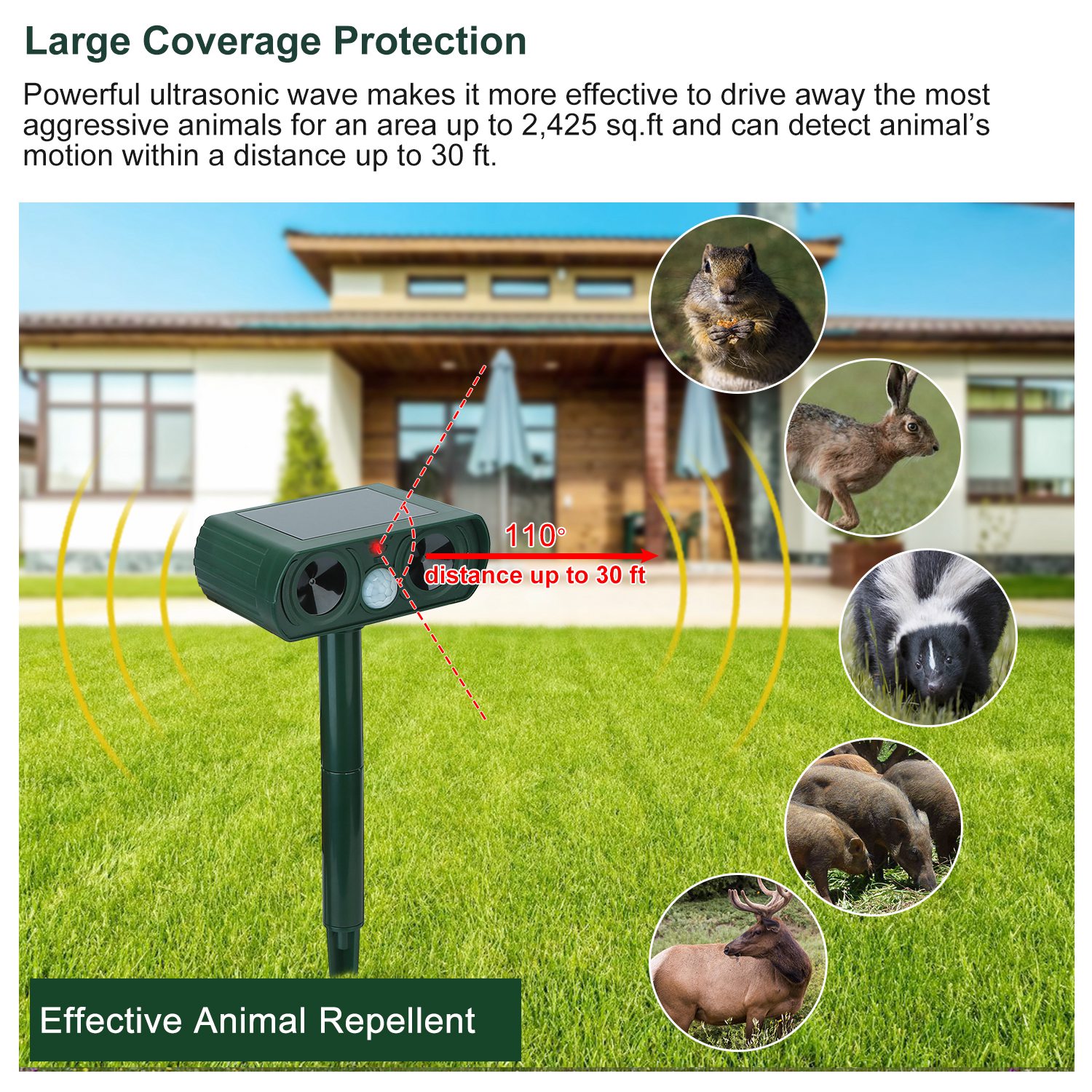 Repelente Ultrasonico para Animales para Jardín Patio con Energía Solar y Sensor de Movimiento IPX4 Resista agua Exterior para Verano Primavera Granja Jardín Patio Repeliendo Cérvidos Mapaches Gatos Perros Conejos Ardillas Pájaros — imagen 4