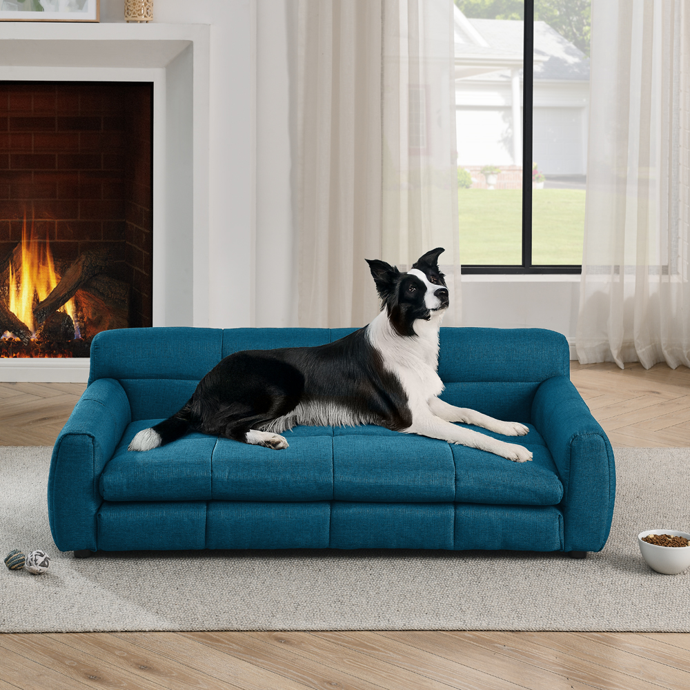Sofá de Perro Elevado y Durable para Grandes Razas, Mueble de Descanso para Mascotas con Funda de Lino Moderna - Azul Oscuro — imagen 4