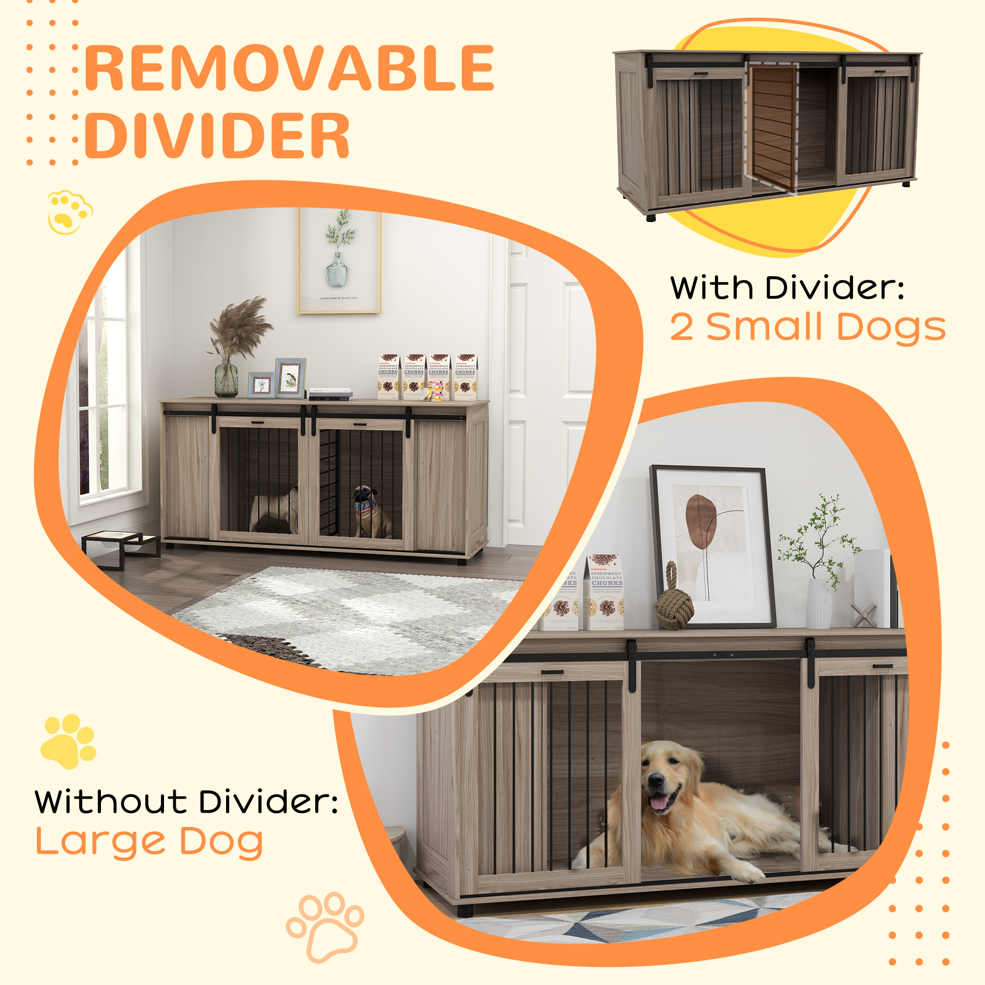 Casa de Perro Moderna de 71" con Panel Divisor Removible y Almacenamiento para 2 Pequeños o 1 Gran Canino, Roble — imagen 4