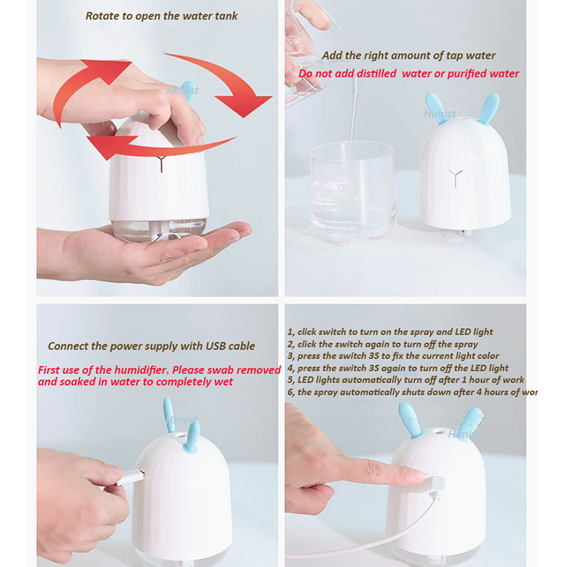 Lovely Rabbit Air Humidifier USB Aroma Diffuser with LED Lamp Mini Ultrasonic Cool Mist Maker Fogger for Office Car Air Purifier — image 6