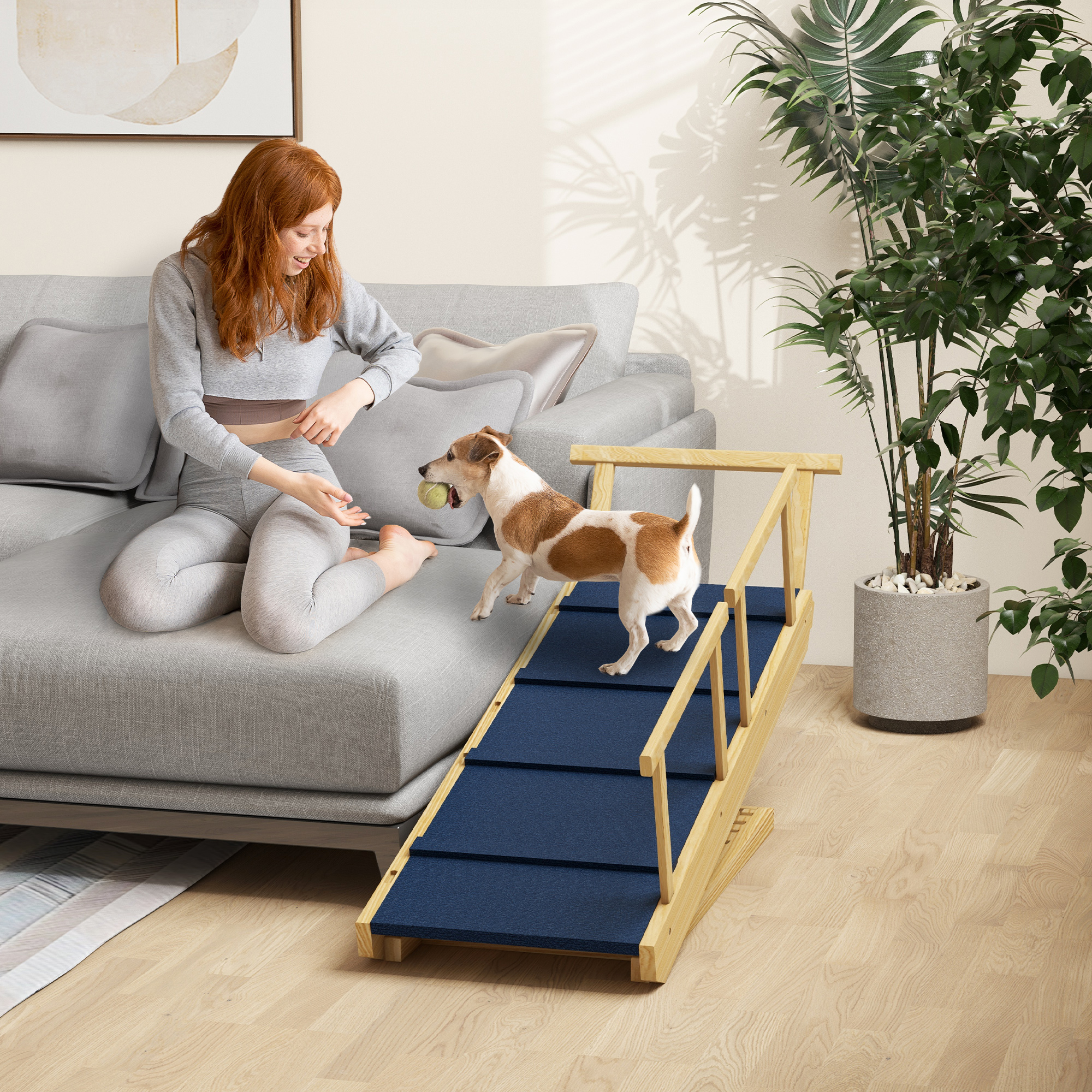 Paso para Perros, Escaleras de Madera para Mascotas con Tela de No Deslizar y Soportes Laterales — imagen 4