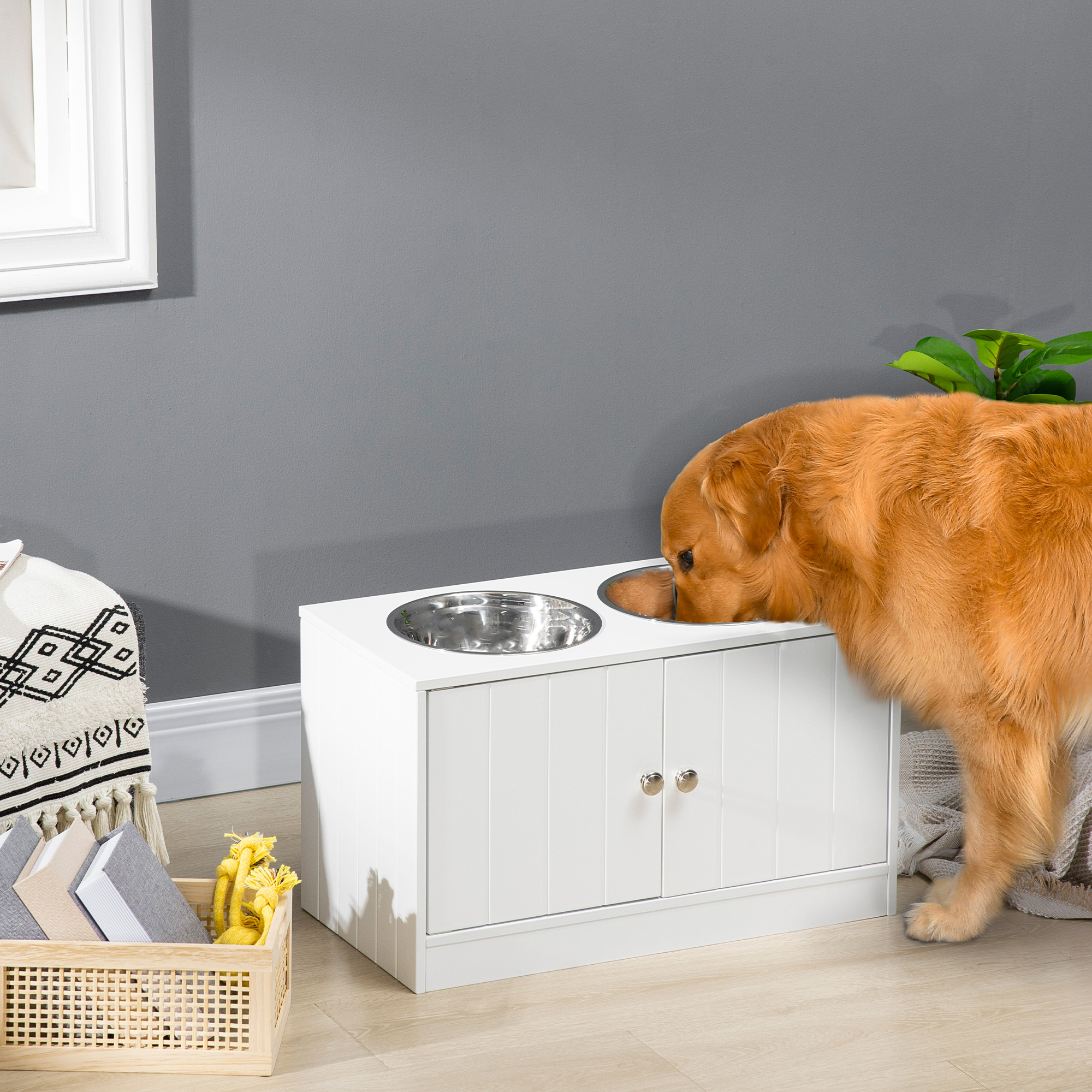 Large Elevated Dog Bowls with Storage Cabinet Containing Large 44L Capacity, Raised Dog Bowl Stand Pet Food Bowl Pet Feeding Station, White — image 1