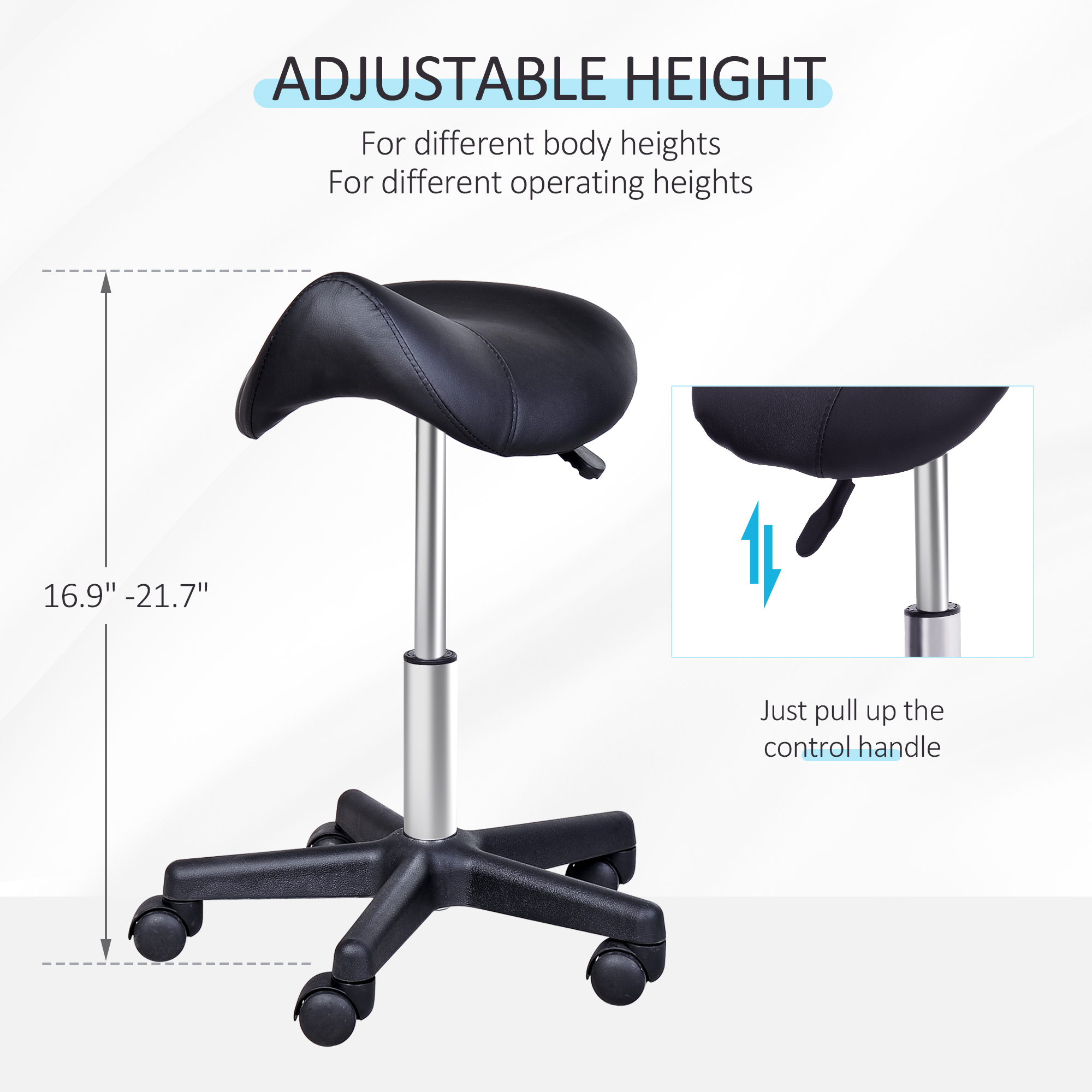 Rolling Saddle Stool, Swivel Salon Chair, Ergonomic Faux Leather Stool, Adjustable Height with Wheels for Spa, Salon, Massage, Office, Black — image 5