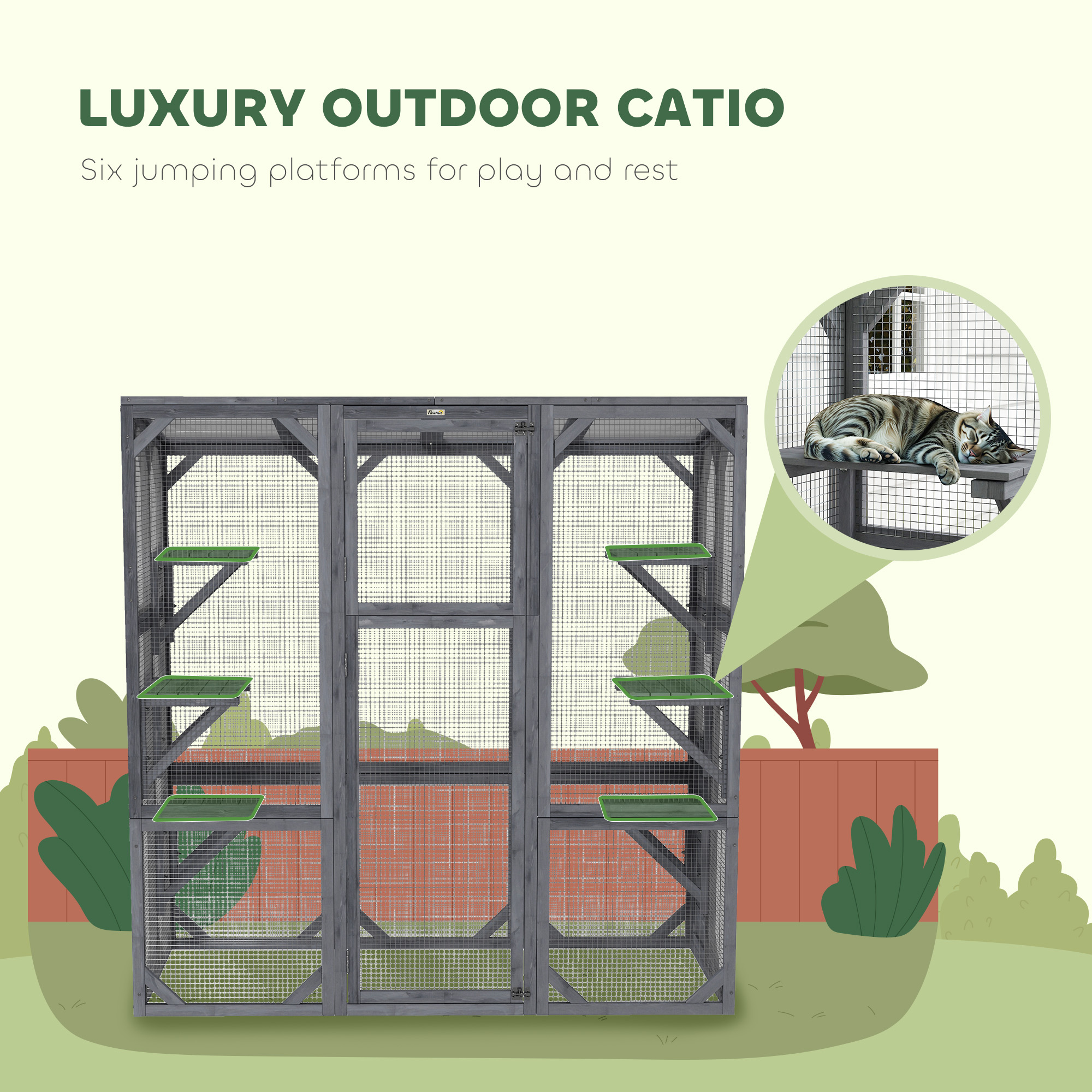 Large Wooden Catio Outdoor With 6 Jumping Platforms, Weatherproof Roof, For 1-3 Cats, 59 X 28 X 60, Gray — image 6
