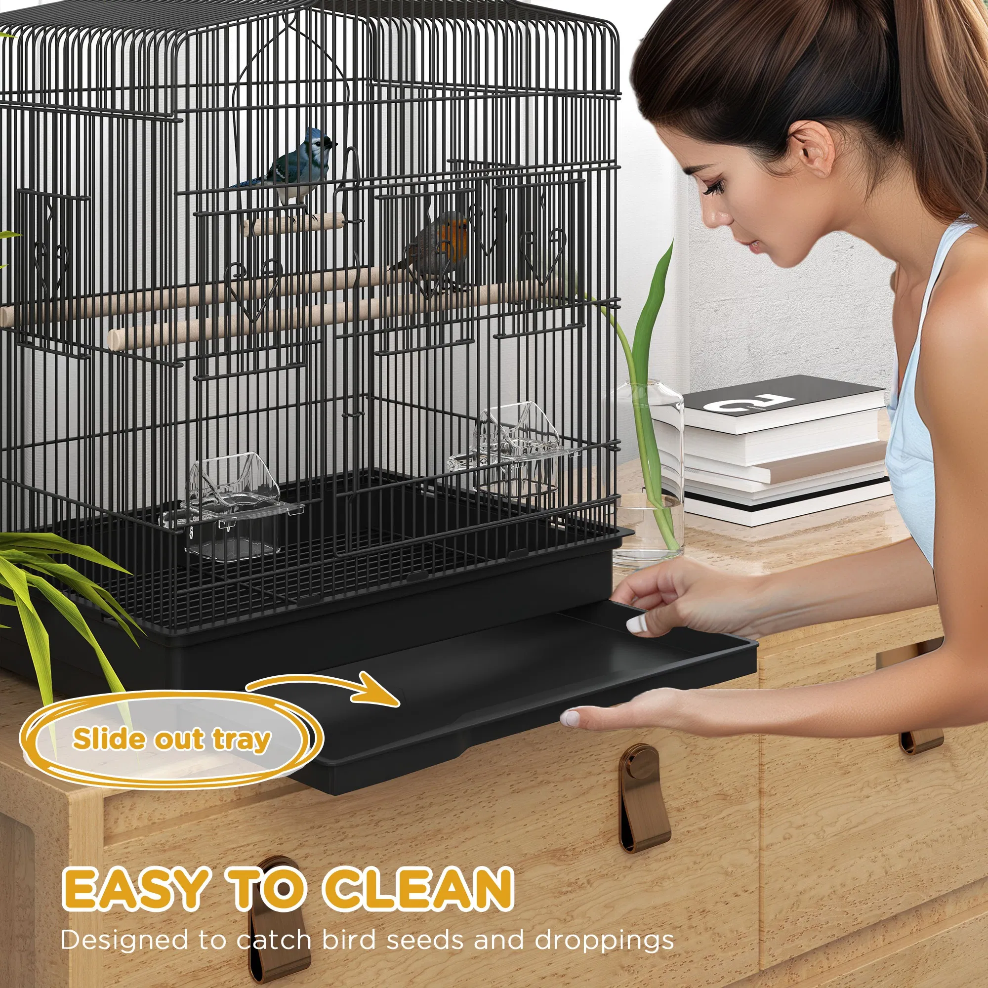 23" Bird Cage, Finches Canaries, Parrot Cage with Doors Perches, 2 Feeder Pet Supplies, Black — image 2