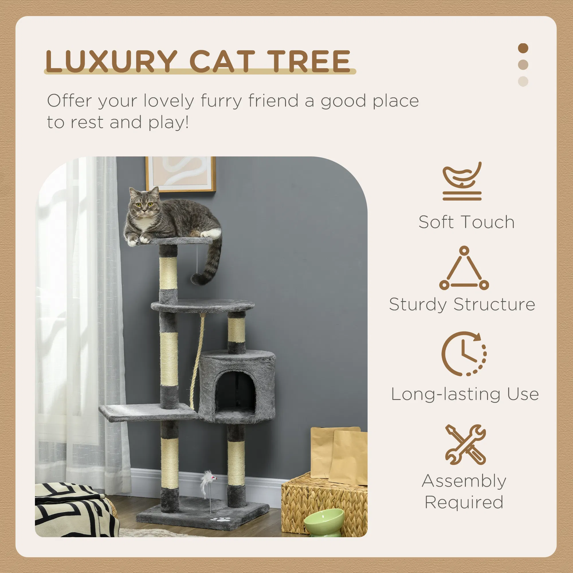 Scratching Cat Tree, Multi Level Cat Tower for Large Cats Adult with Toys and Condo, Grey — image 3