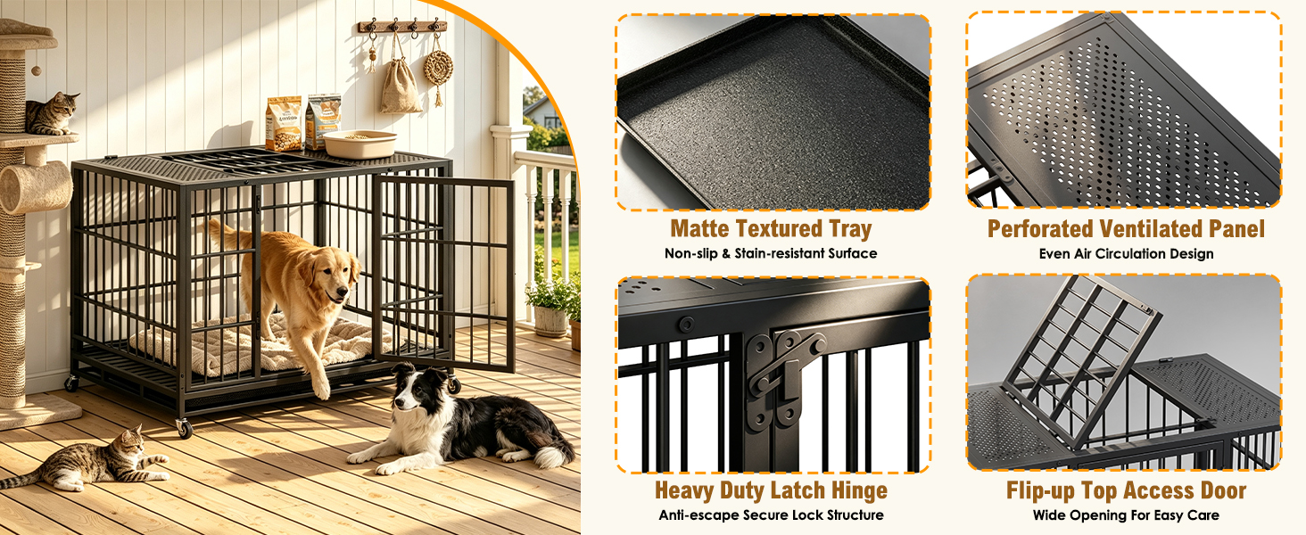 Heavy Duty Dog Crate, Mobile Pet Kennel with Lockable Wheels & Rotary Twist-Latch, Indoor Outdoor Metal Cage with Perforated Top — image 8